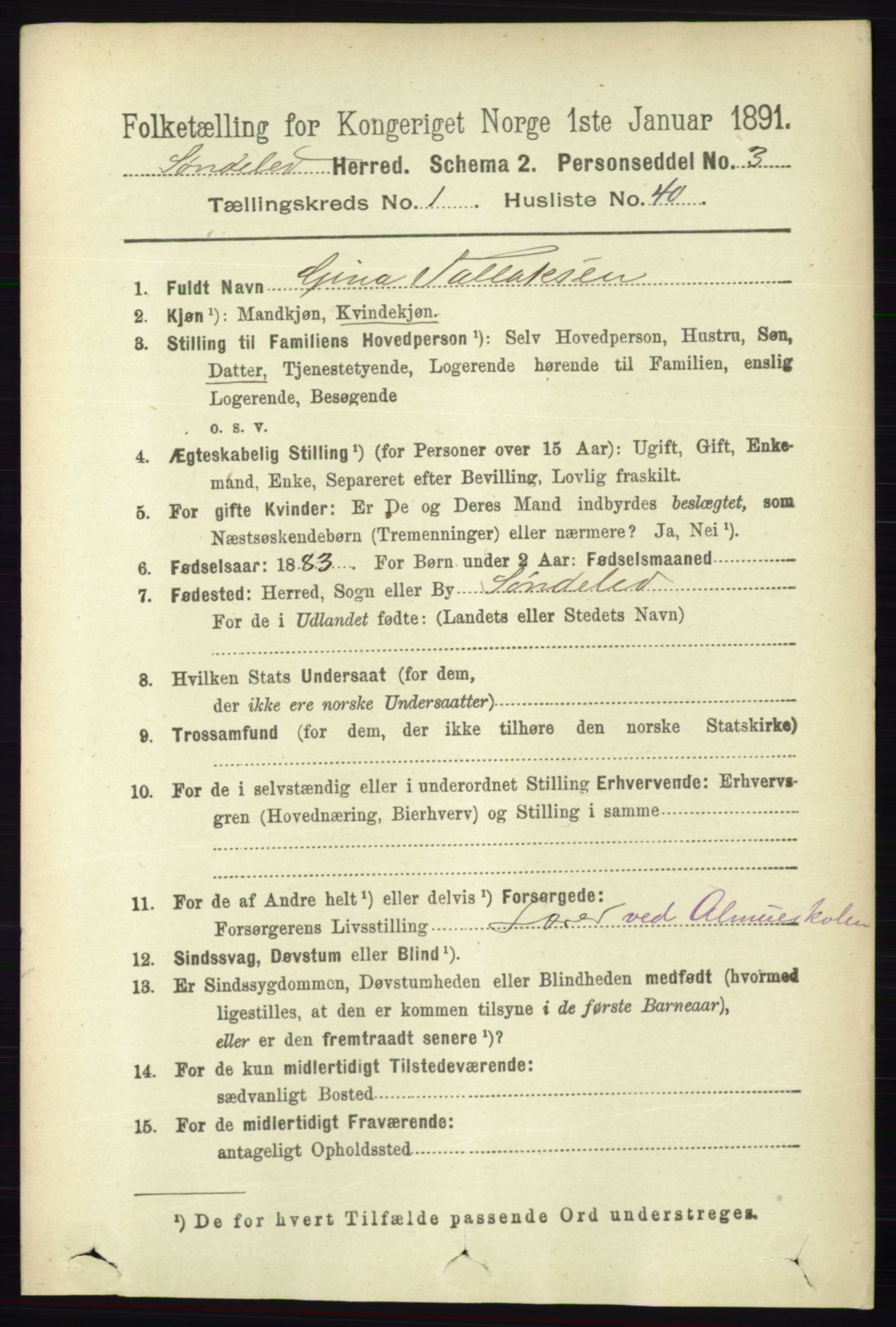 RA, 1891 census for 0913 Søndeled, 1891, p. 344
