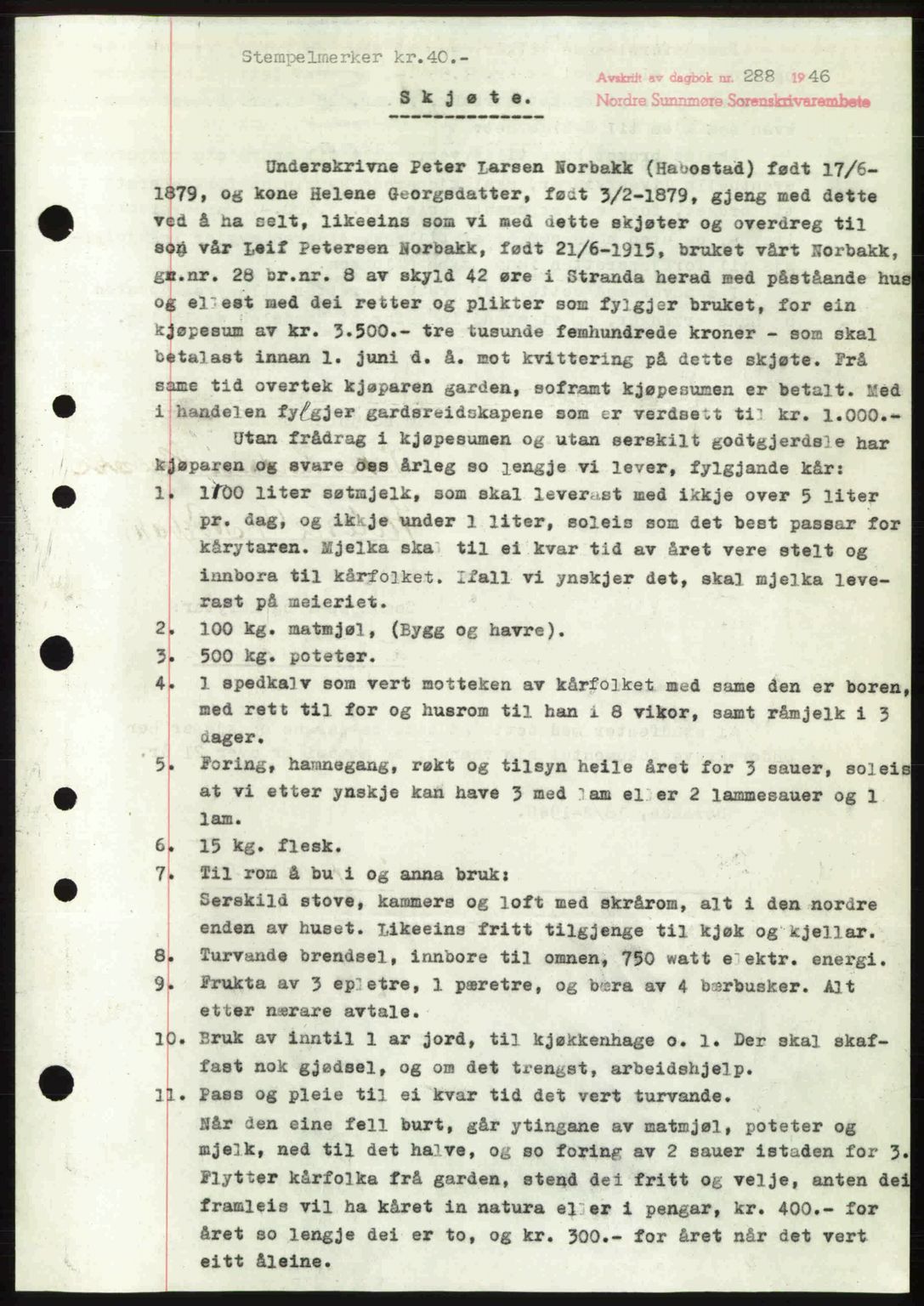 Nordre Sunnmøre sorenskriveri, AV/SAT-A-0006/1/2/2C/2Ca: Mortgage book no. A20b, 1946-1946, Diary no: : 288/1946