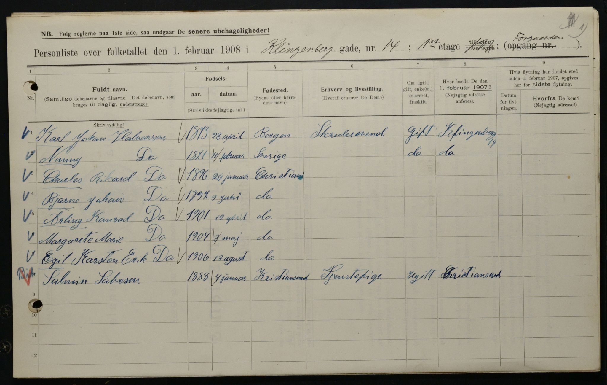 OBA, Municipal Census 1908 for Kristiania, 1908, p. 46398