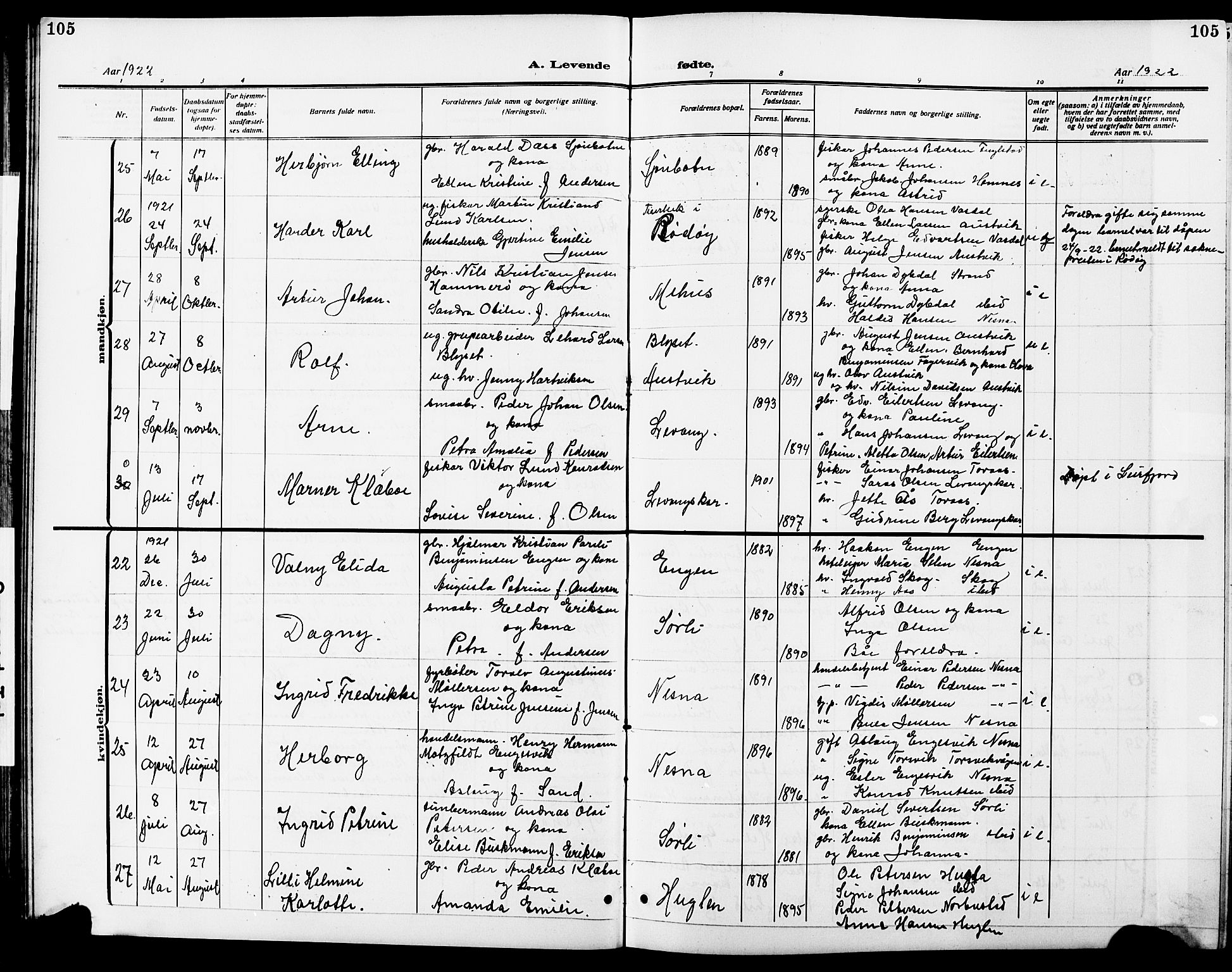 Ministerialprotokoller, klokkerbøker og fødselsregistre - Nordland, AV/SAT-A-1459/838/L0560: Parish register (copy) no. 838C07, 1910-1928, p. 105