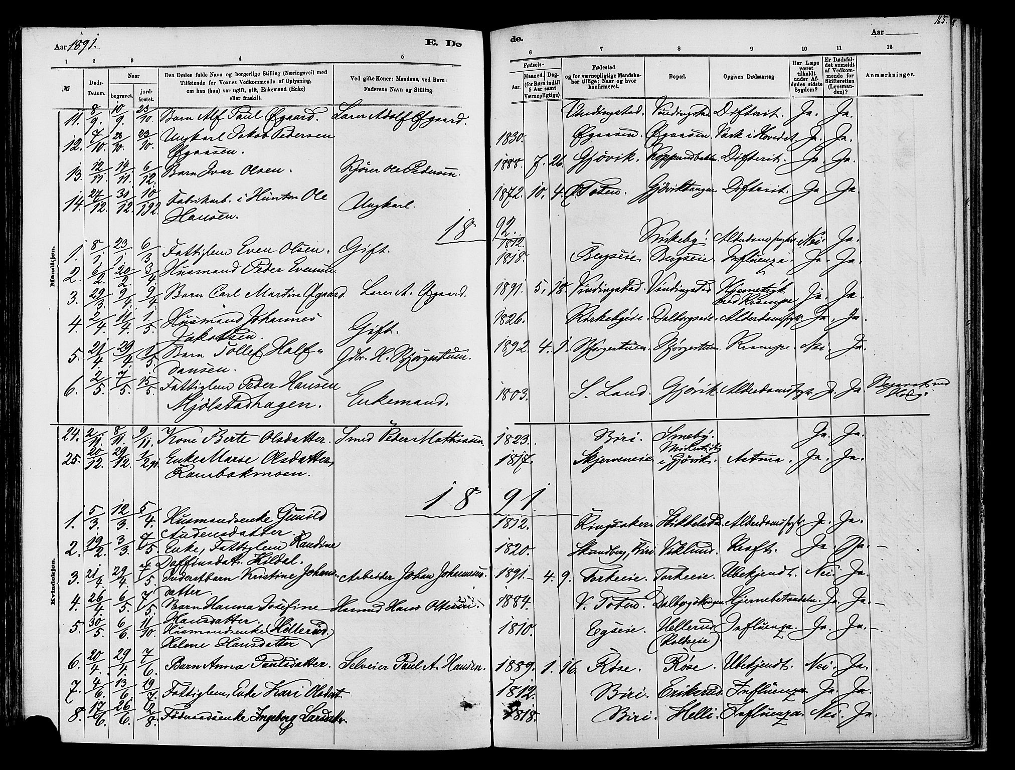 Vardal prestekontor, AV/SAH-PREST-100/H/Ha/Haa/L0009: Parish register (official) no. 9, 1878-1892, p. 165
