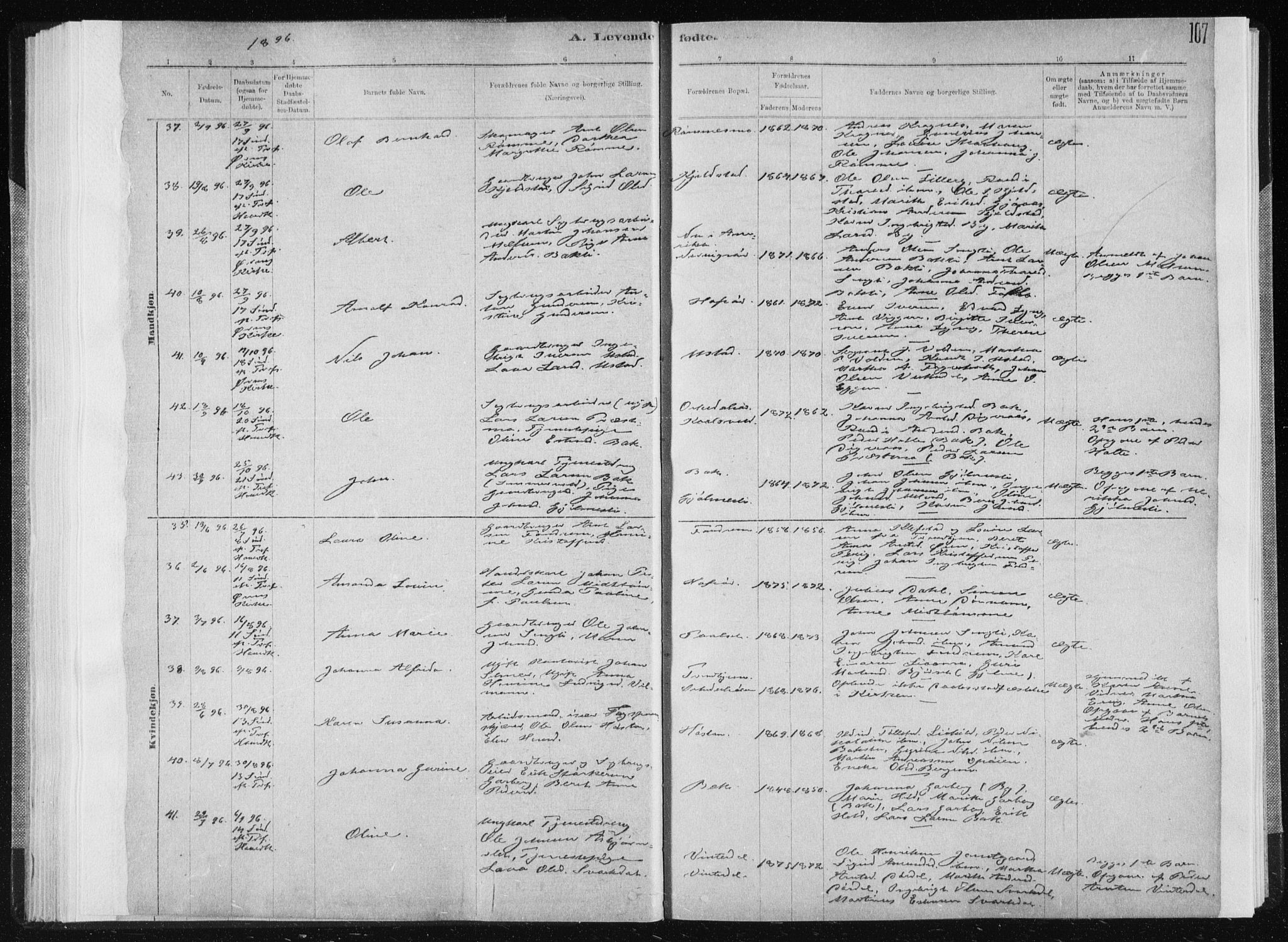 Ministerialprotokoller, klokkerbøker og fødselsregistre - Sør-Trøndelag, AV/SAT-A-1456/668/L0818: Parish register (copy) no. 668C07, 1885-1898, p. 107