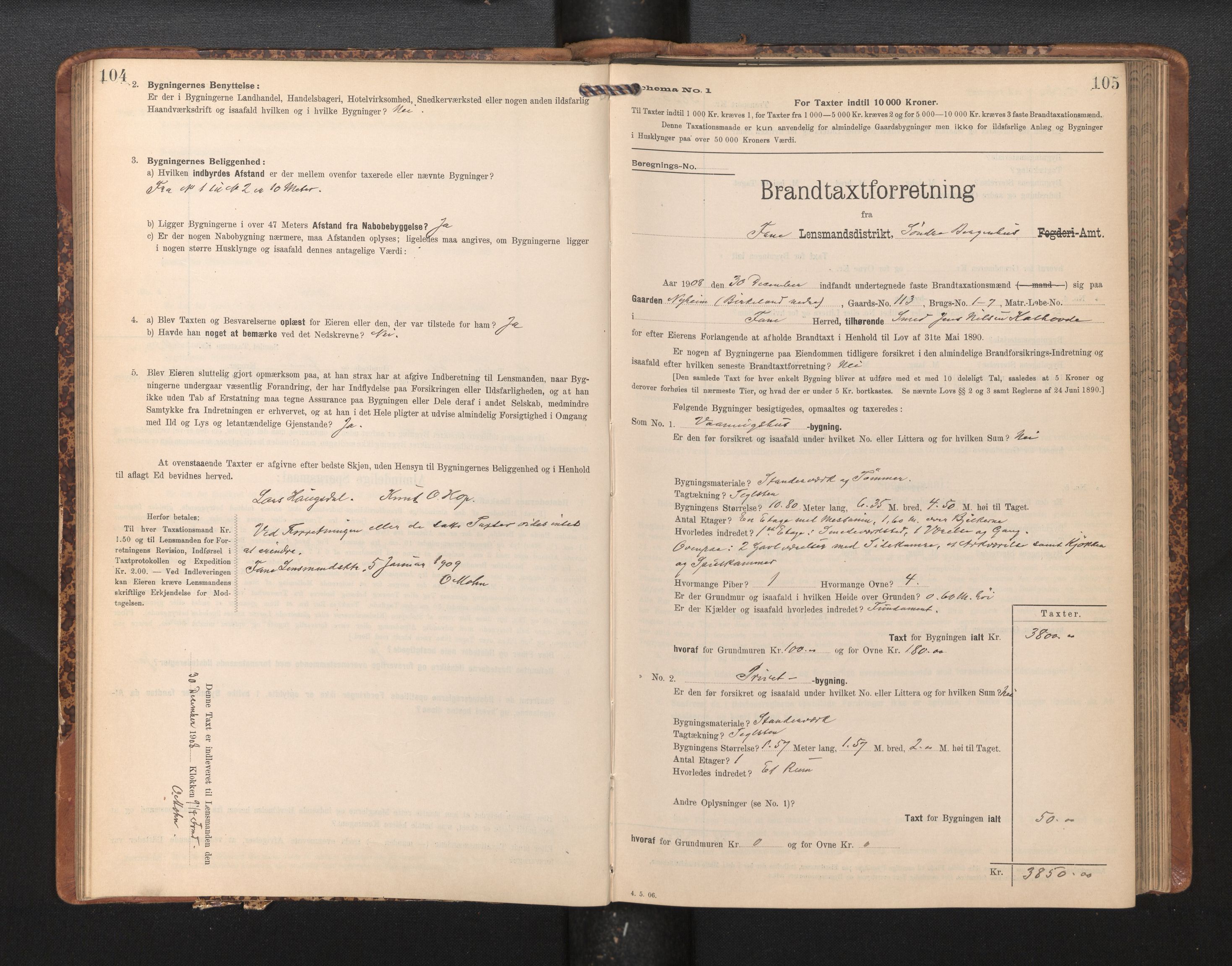 Lensmannen i Fana, AV/SAB-A-31801/0012/L0018: Branntakstprotokoll skjematakst, 1907-1910, p. 104-105