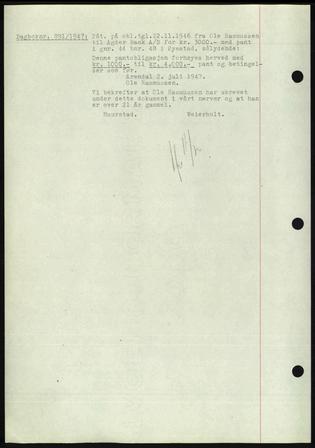 Nedenes sorenskriveri, SAK/1221-0006/G/Gb/Gba/L0057: Mortgage book no. A9, 1947-1947, Diary no: : 891/1947