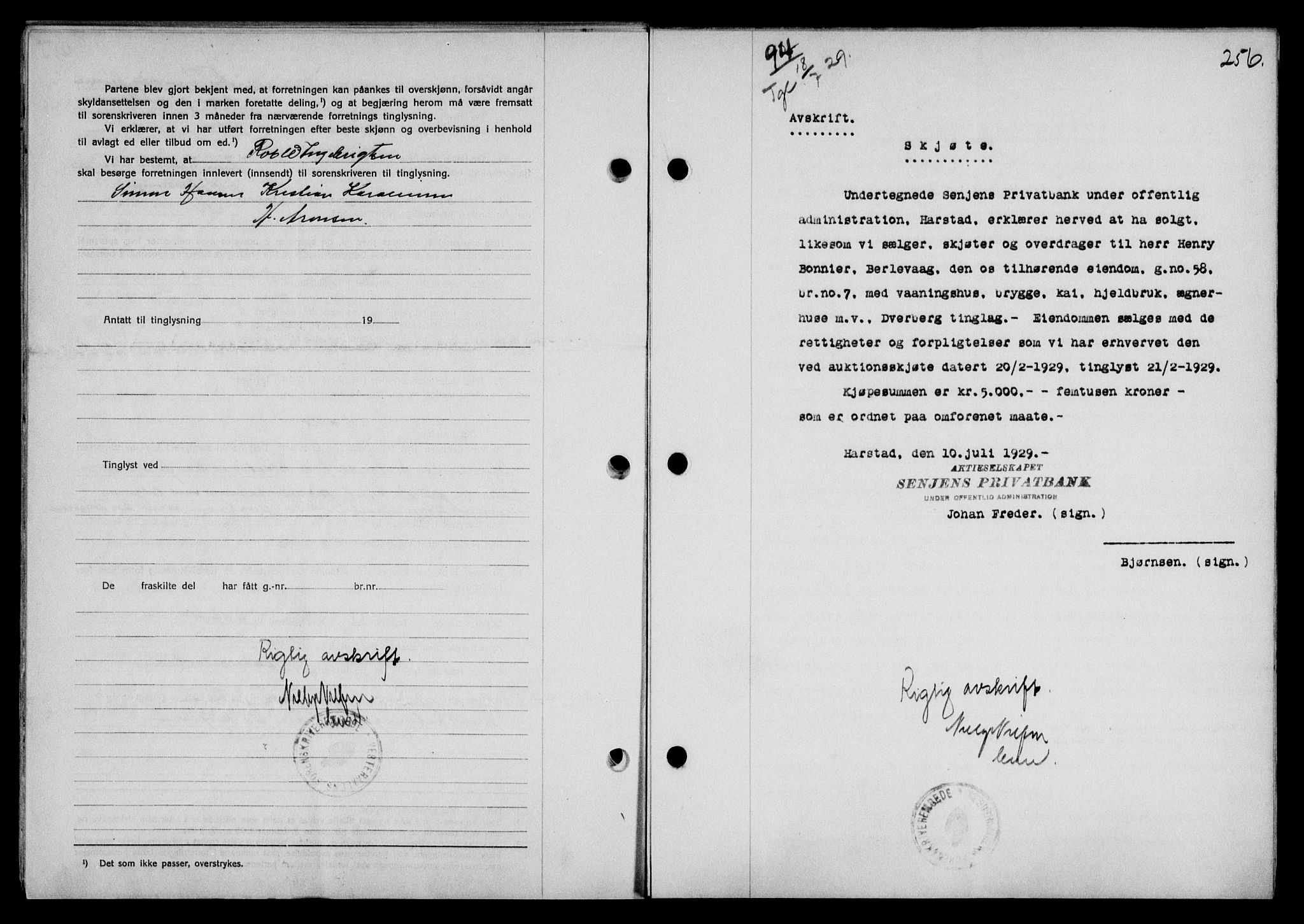 Vesterålen sorenskriveri, SAT/A-4180/1/2/2Ca/L0049: Mortgage book no. 42, 1929-1929, Deed date: 18.07.1929
