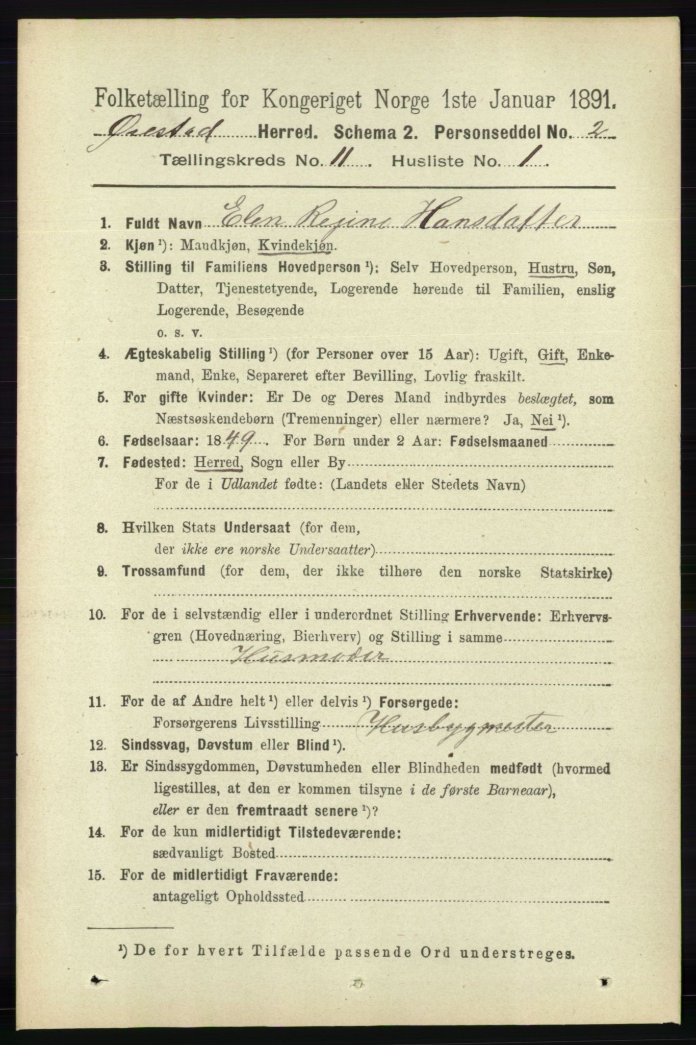 RA, 1891 census for 0920 Øyestad, 1891, p. 4813