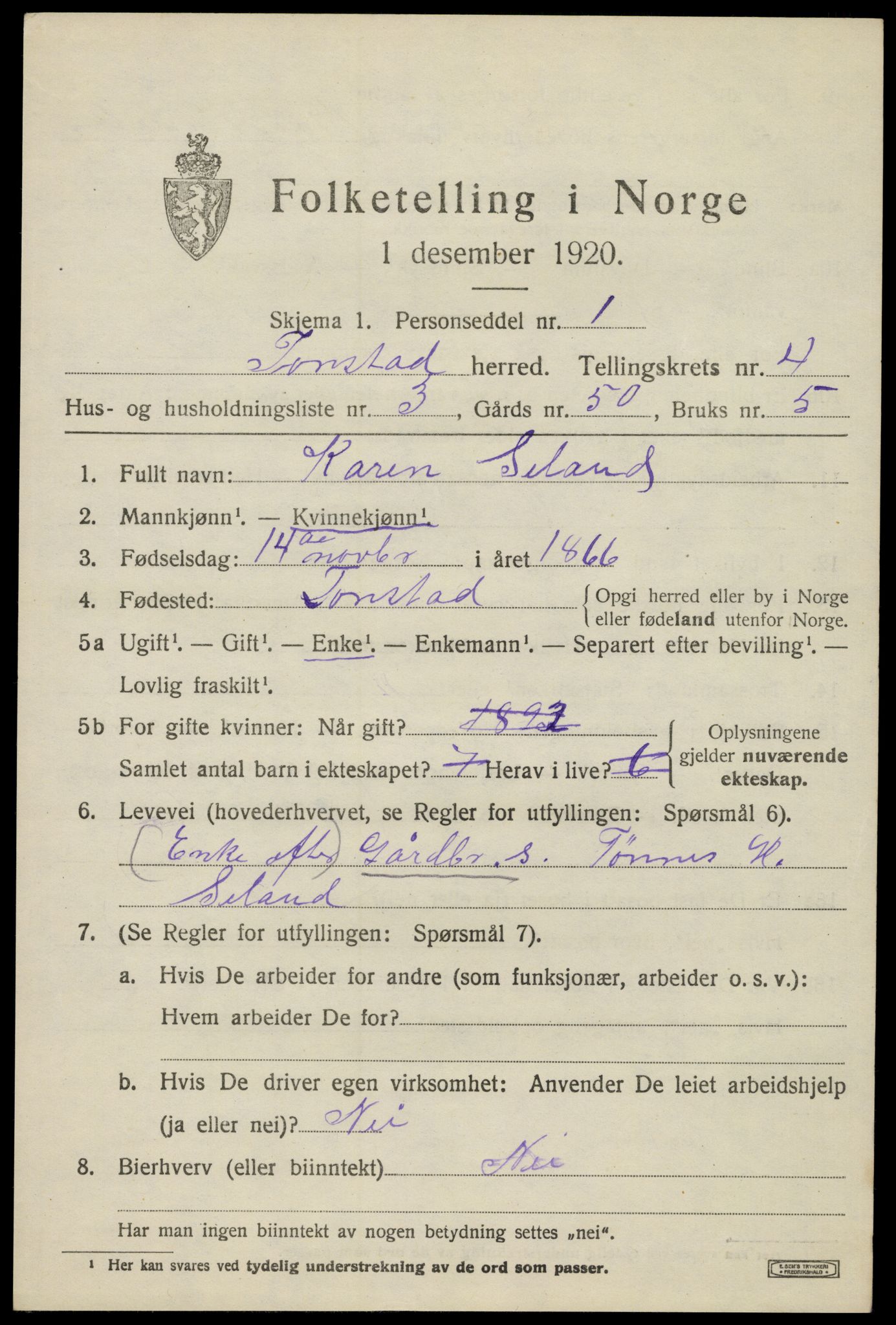 SAK, 1920 census for Tonstad, 1920, p. 1304