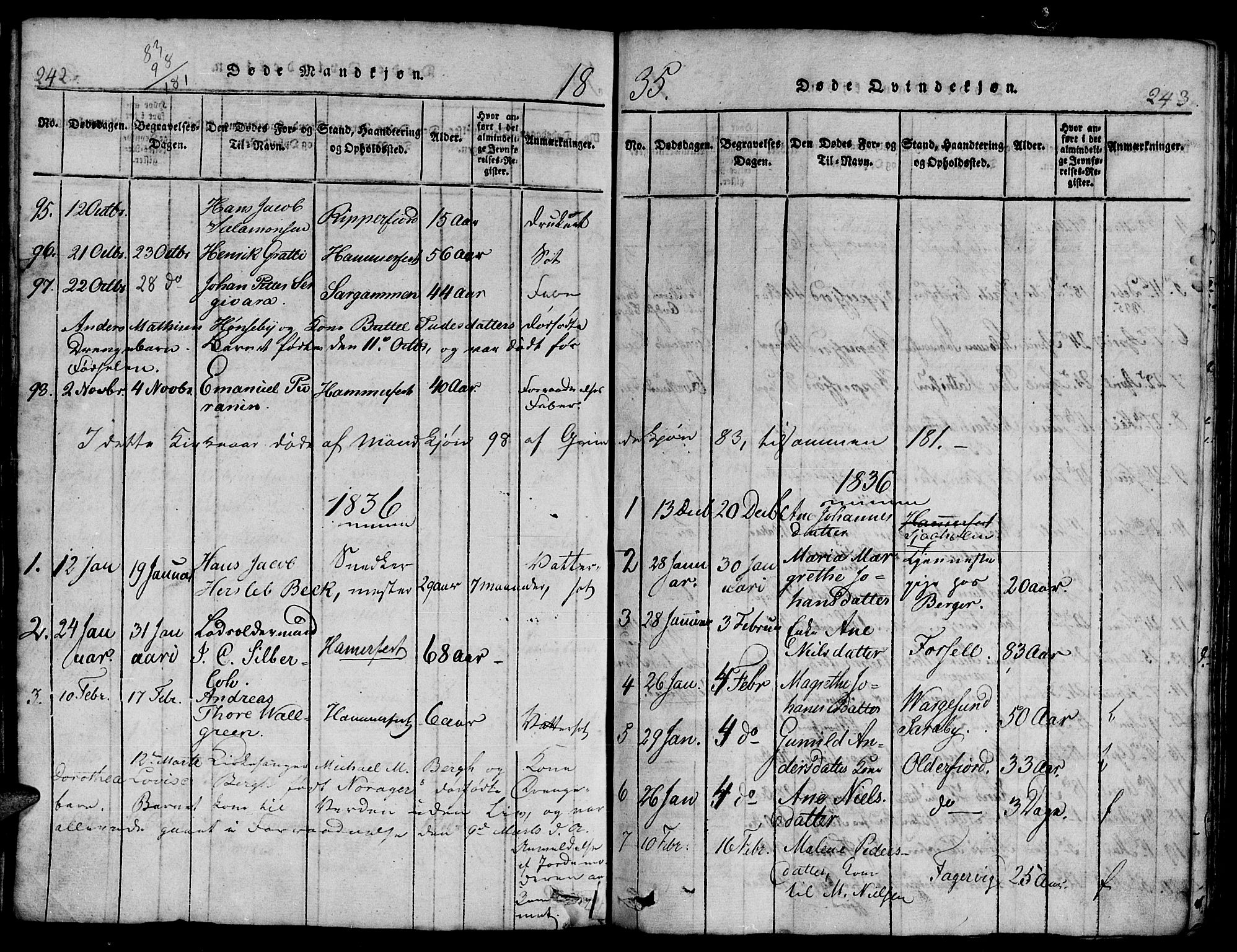 Hammerfest sokneprestkontor, SATØ/S-1347/H/Hb/L0001.klokk: Parish register (copy) no. 1, 1822-1850, p. 242-243