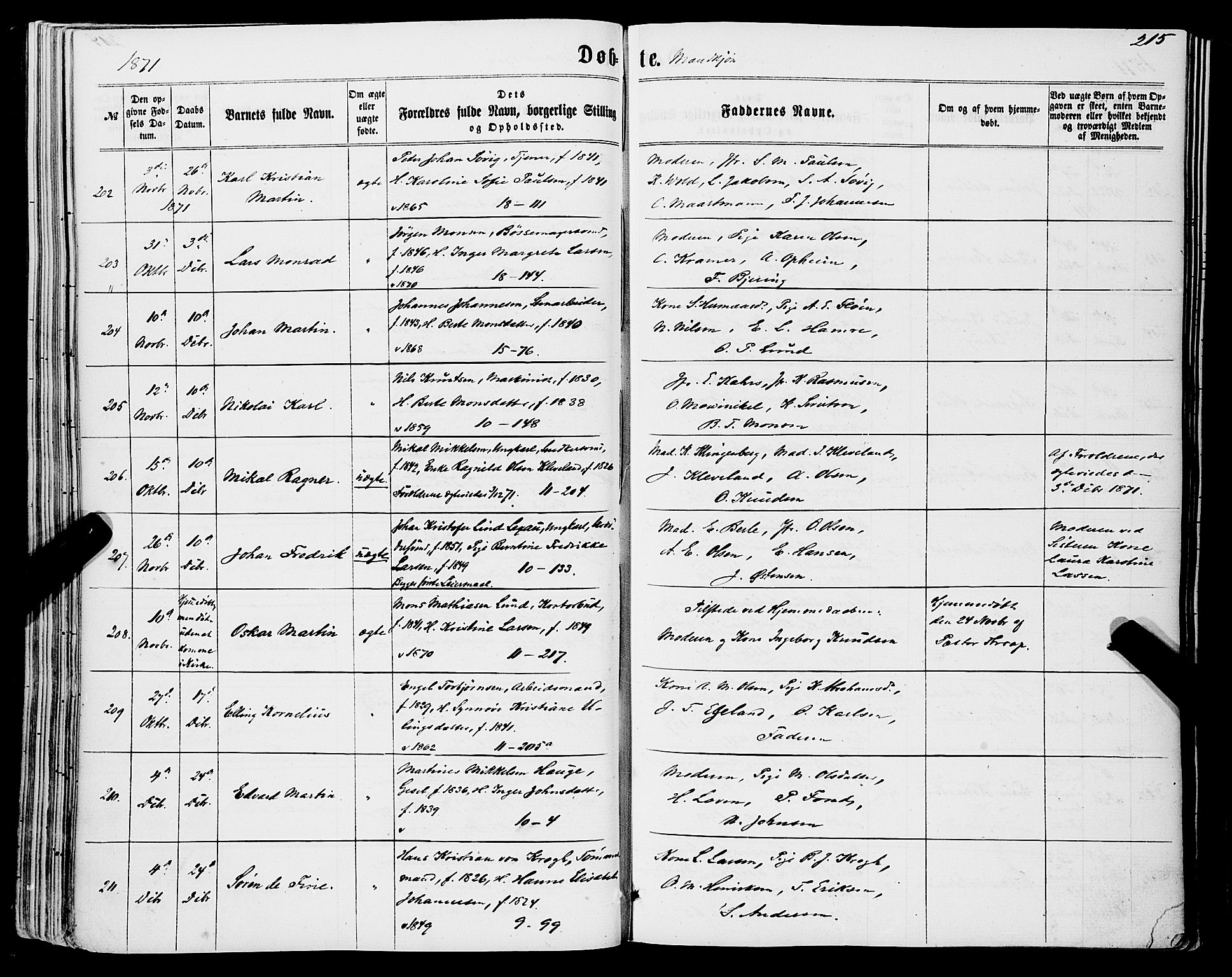 Domkirken sokneprestembete, SAB/A-74801/H/Haa/L0021: Parish register (official) no. B 4, 1859-1871, p. 215