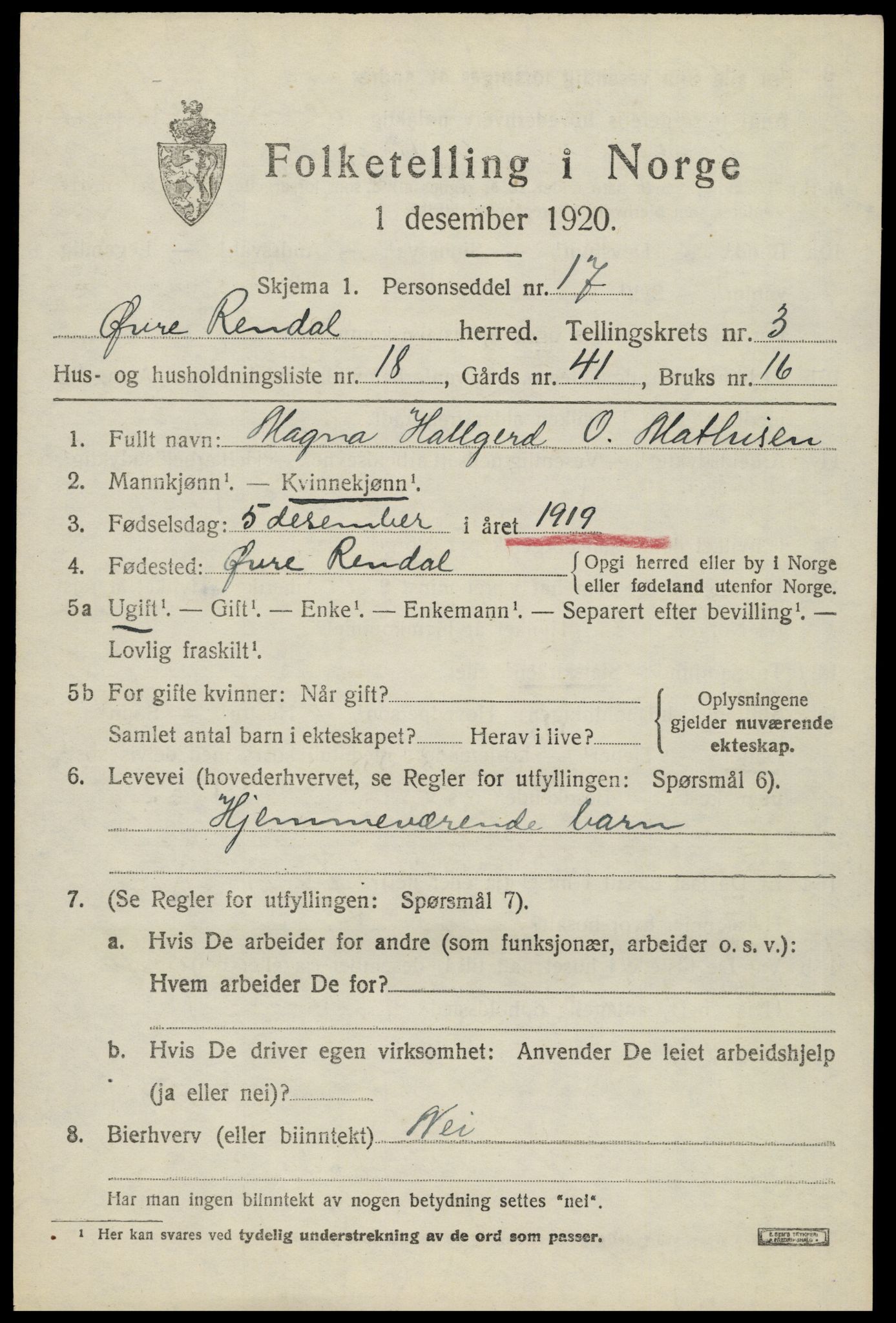 SAH, 1920 census for Øvre Rendal, 1920, p. 1517