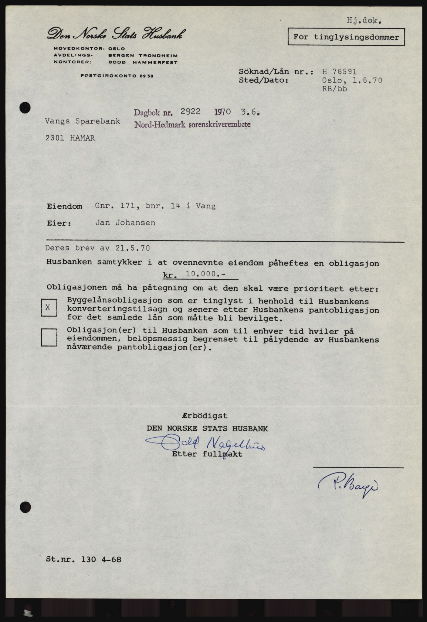 Nord-Hedmark sorenskriveri, SAH/TING-012/H/Hc/L0033: Mortgage book no. 33, 1970-1970, Diary no: : 2922/1970