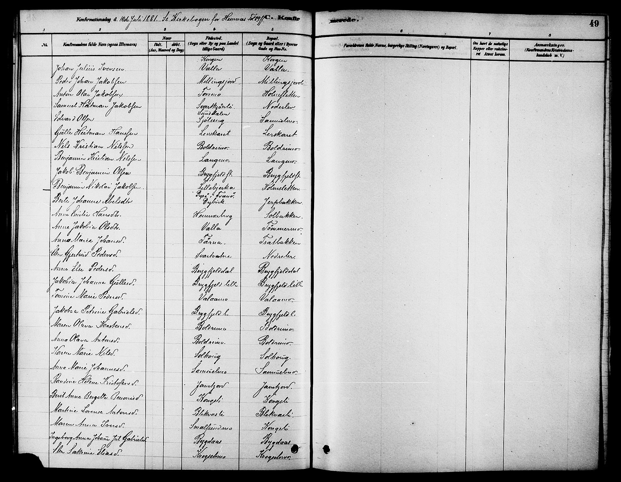 Ministerialprotokoller, klokkerbøker og fødselsregistre - Nordland, AV/SAT-A-1459/826/L0379: Parish register (official) no. 826A02, 1878-1895, p. 49