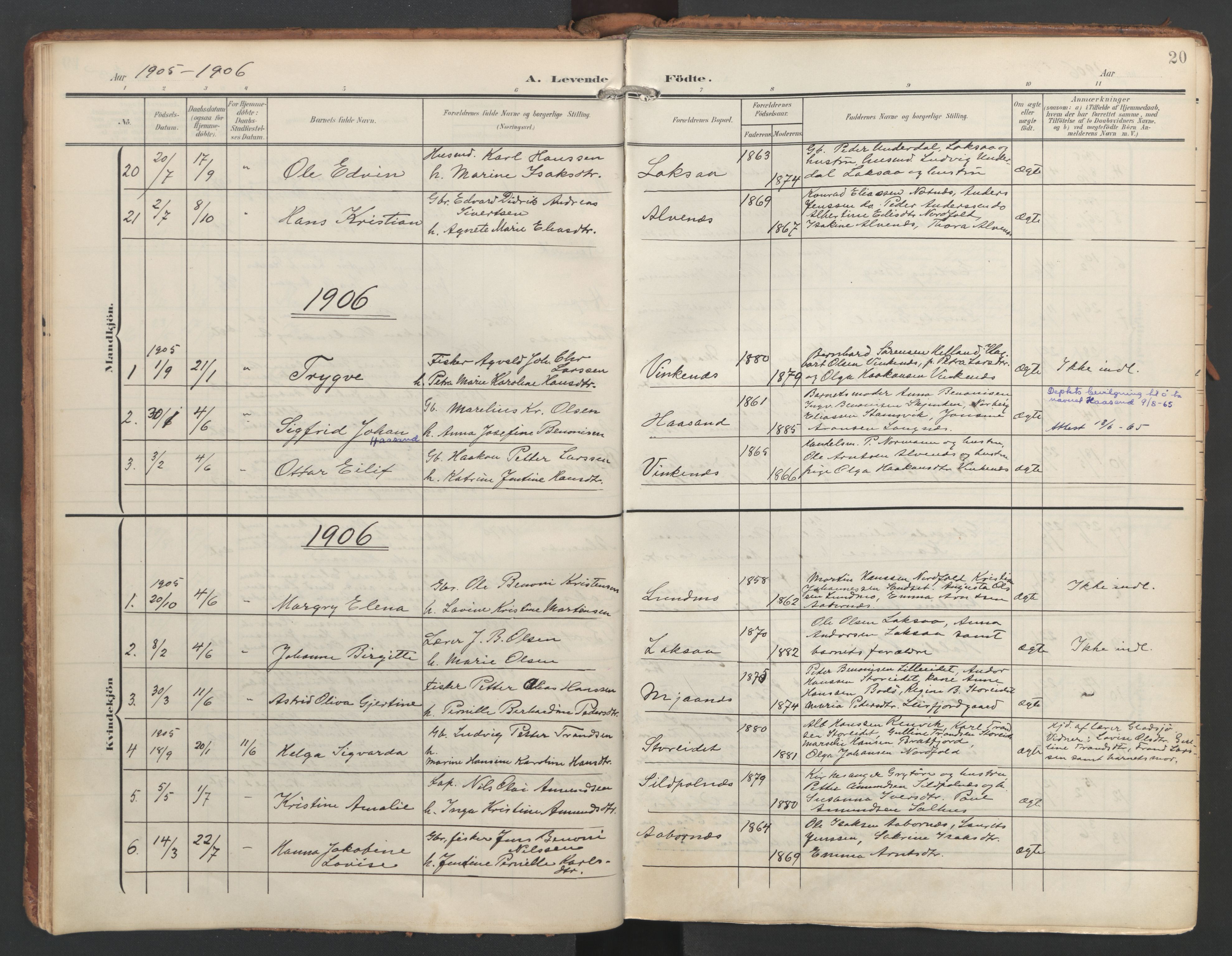 Ministerialprotokoller, klokkerbøker og fødselsregistre - Nordland, SAT/A-1459/858/L0832: Parish register (official) no. 858A02, 1902-1915, p. 20