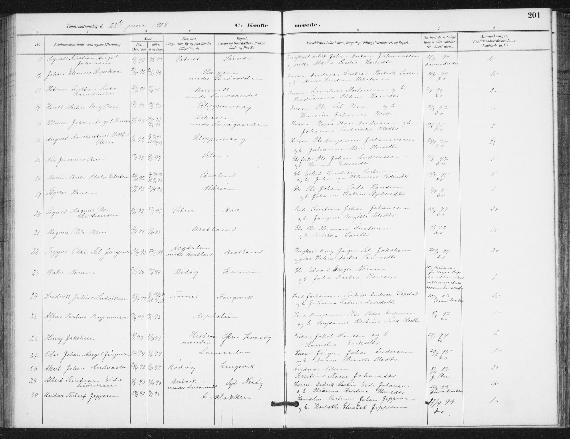 Ministerialprotokoller, klokkerbøker og fødselsregistre - Nordland, SAT/A-1459/839/L0573: Parish register (copy) no. 839C03, 1892-1917, p. 201