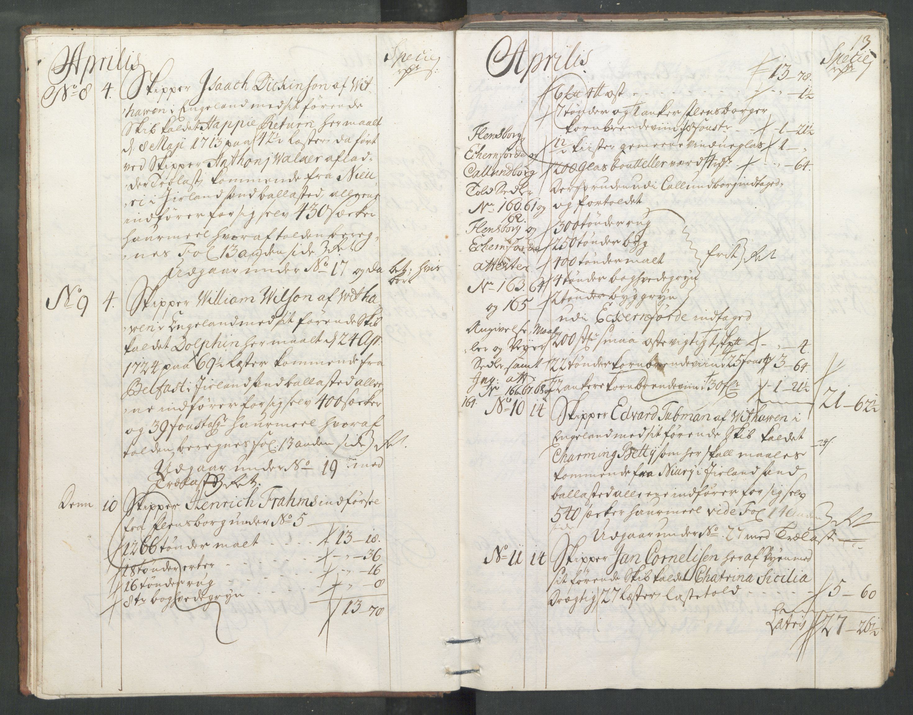 Generaltollkammeret, tollregnskaper, RA/EA-5490/R33/L0013/0001: Tollregnskaper Trondheim A / Inngående tollbok, 1731, p. 12b-13a