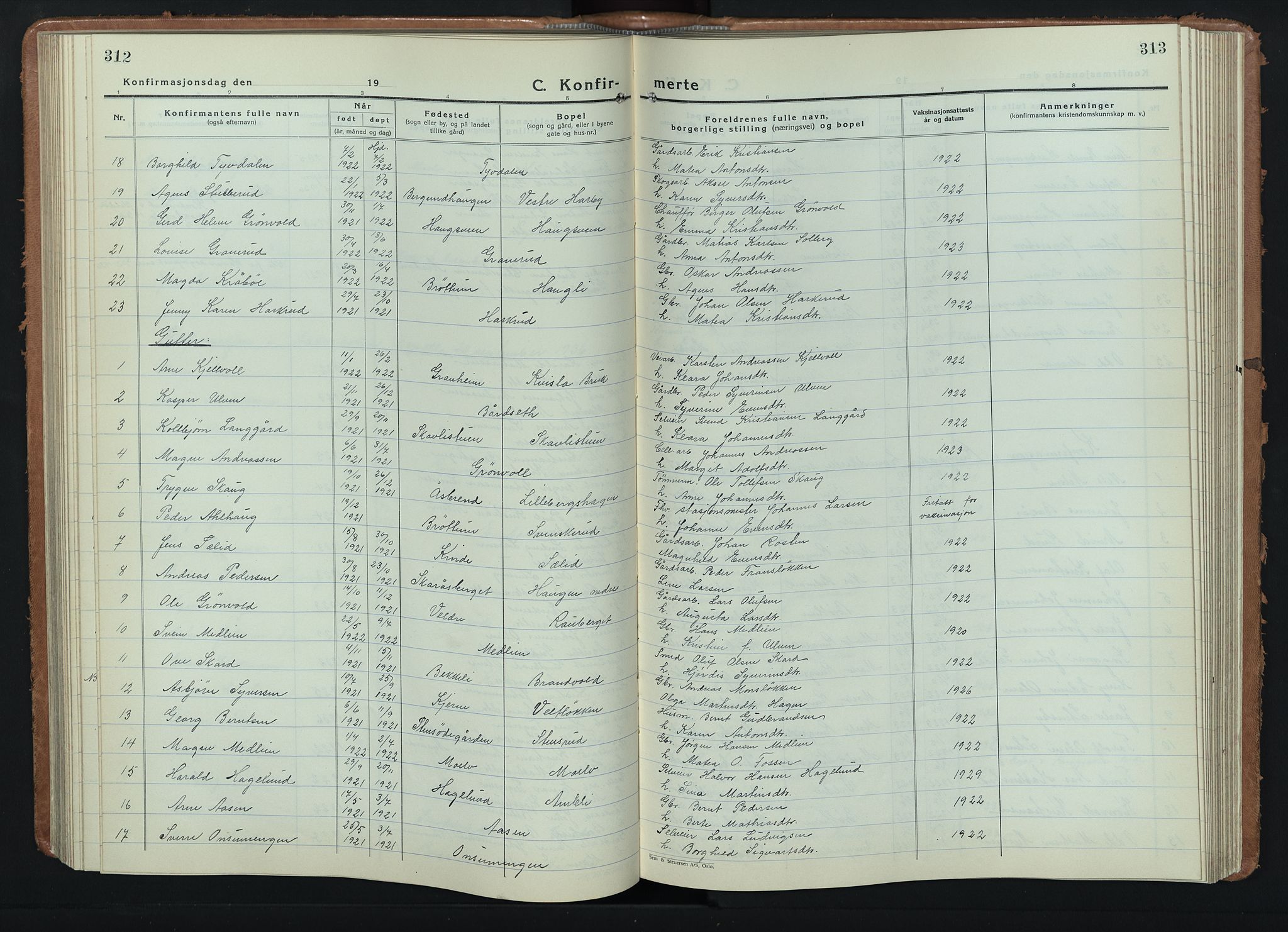 Ringsaker prestekontor, AV/SAH-PREST-014/L/La/L0020: Parish register (copy) no. 20, 1934-1946, p. 312-313