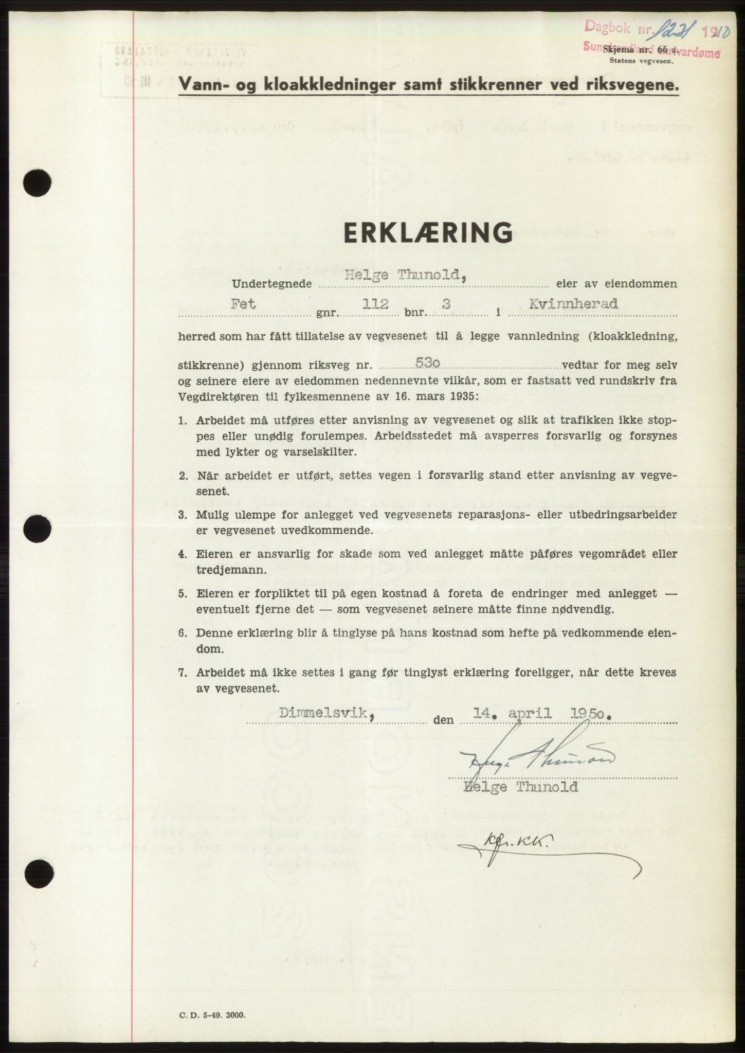 Sunnhordland sorenskrivar, AV/SAB-A-2401: Mortgage book no. B75-79, 1948-1950, Diary no: : 1221/1950