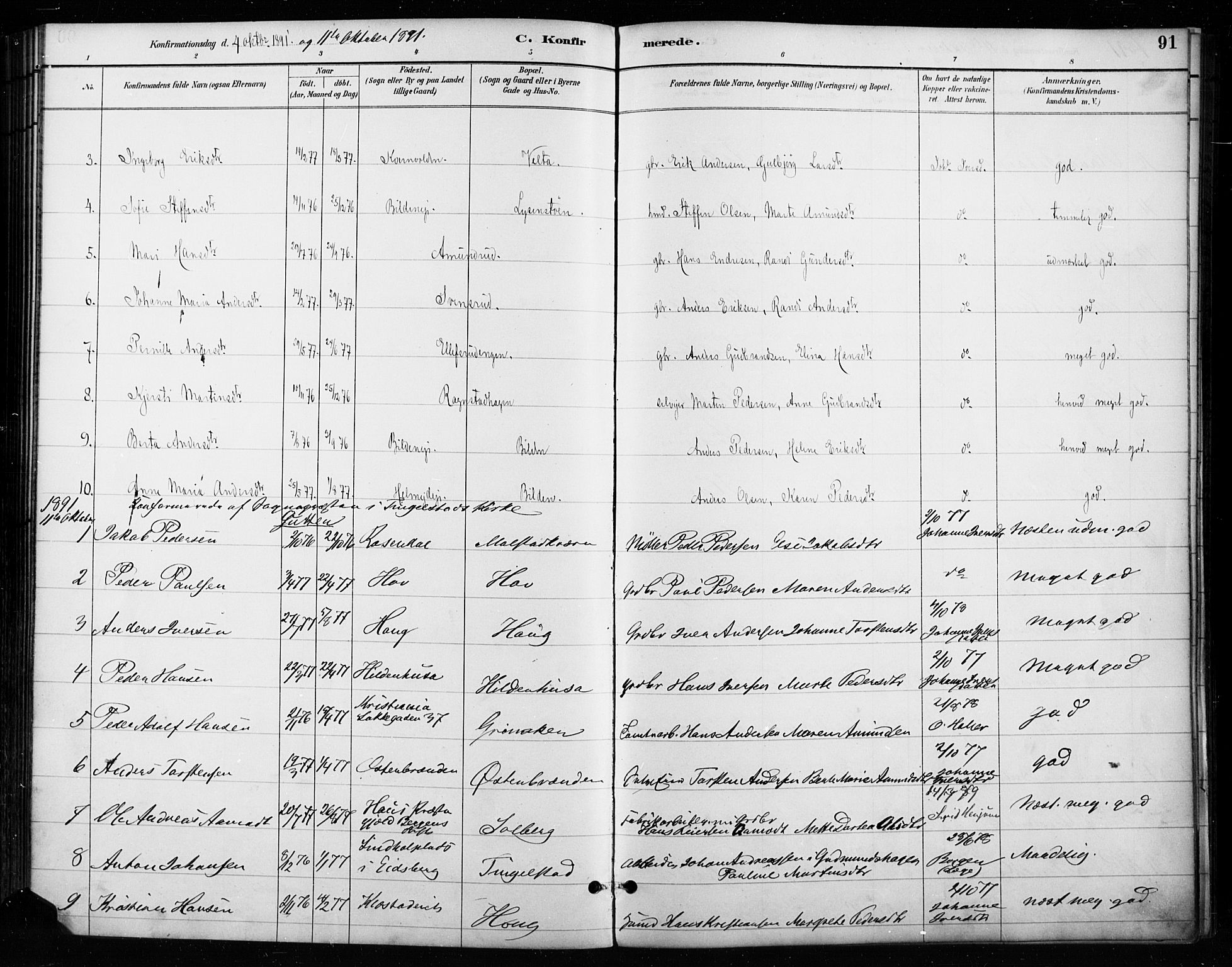 Gran prestekontor, SAH/PREST-112/H/Ha/Haa/L0018: Parish register (official) no. 18, 1889-1899, p. 91