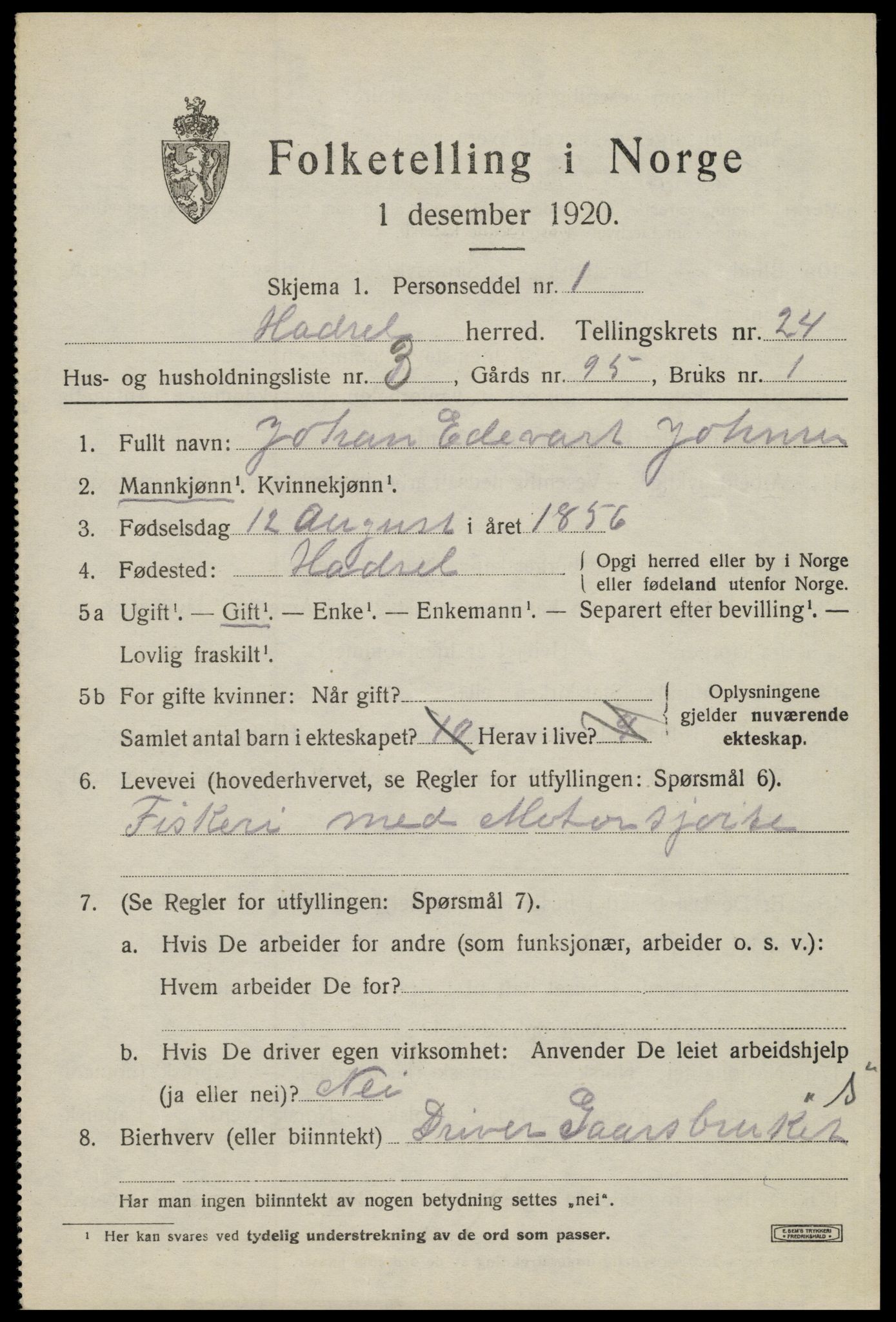 SAT, 1920 census for Hadsel, 1920, p. 21454