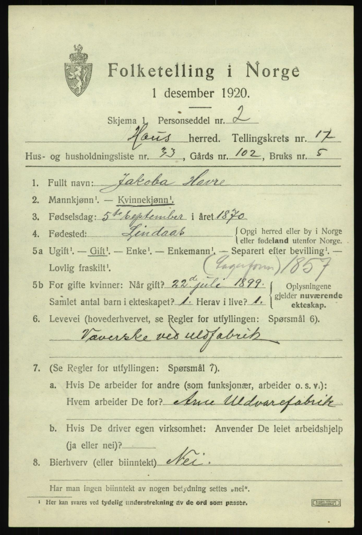 SAB, 1920 census for Haus, 1920, p. 11456