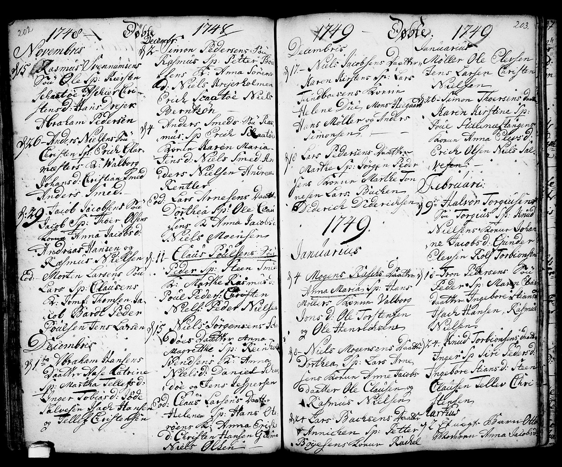 Kragerø kirkebøker, AV/SAKO-A-278/F/Fa/L0001: Parish register (official) no. 1, 1702-1766, p. 202-203