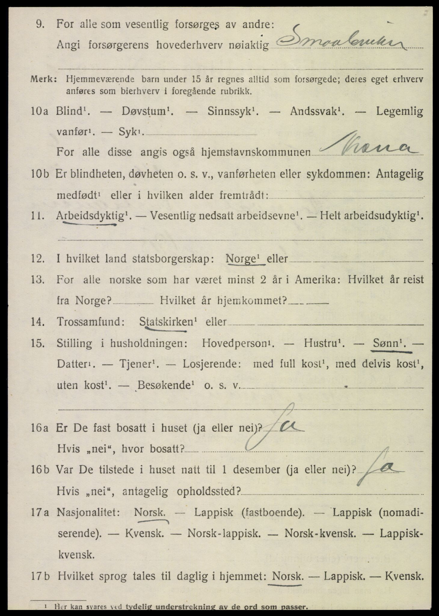 SAT, 1920 census for Nesna, 1920, p. 5192