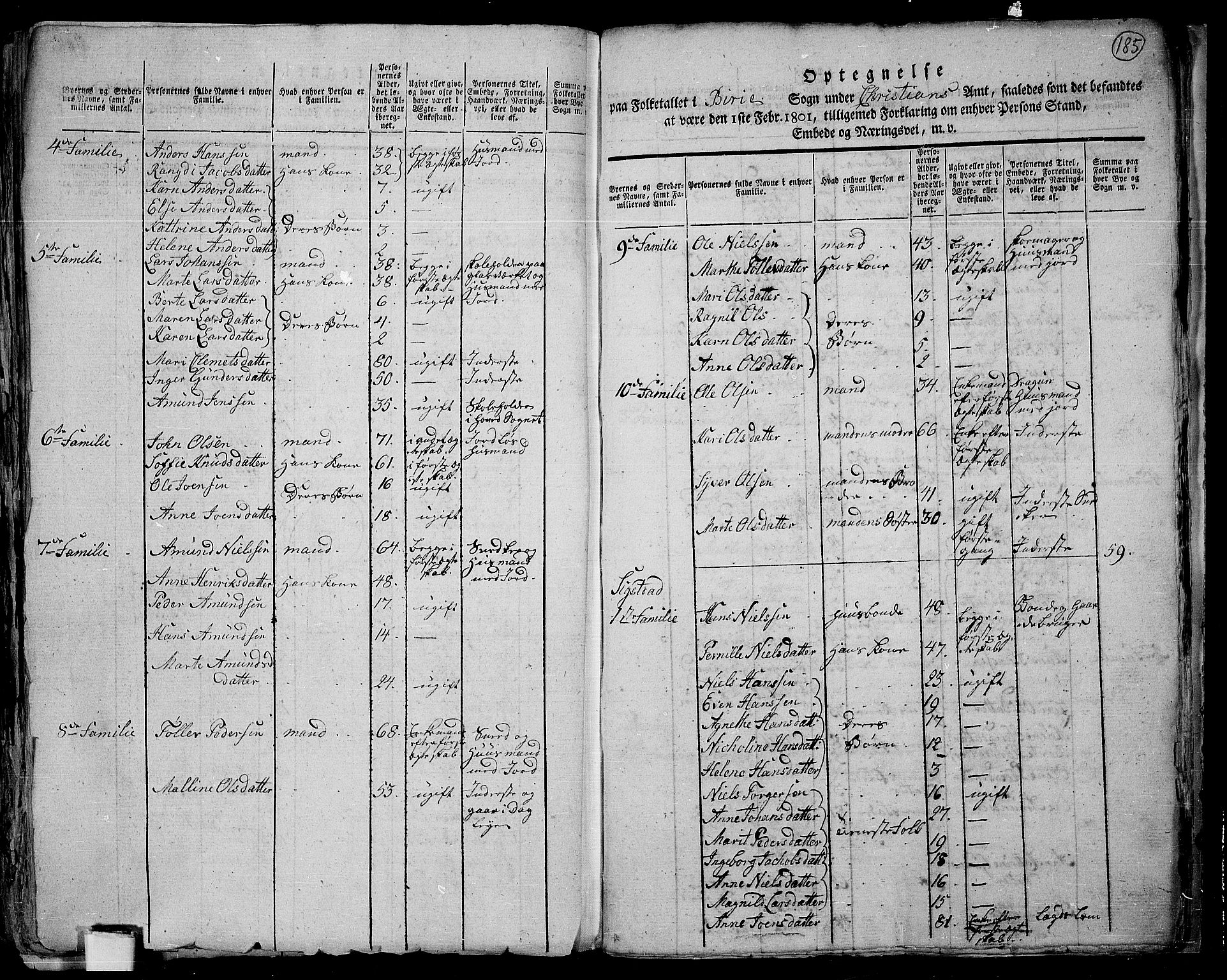 RA, 1801 census for 0525P Biri, 1801, p. 184b-185a