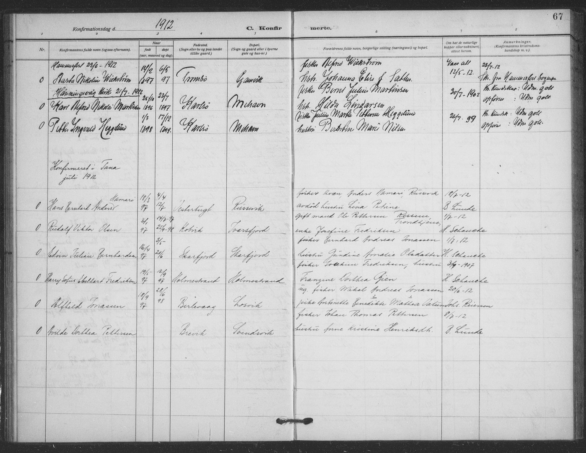 Tana sokneprestkontor, SATØ/S-1334/H/Ha/L0008kirke: Parish register (official) no. 8, 1908-1920, p. 67