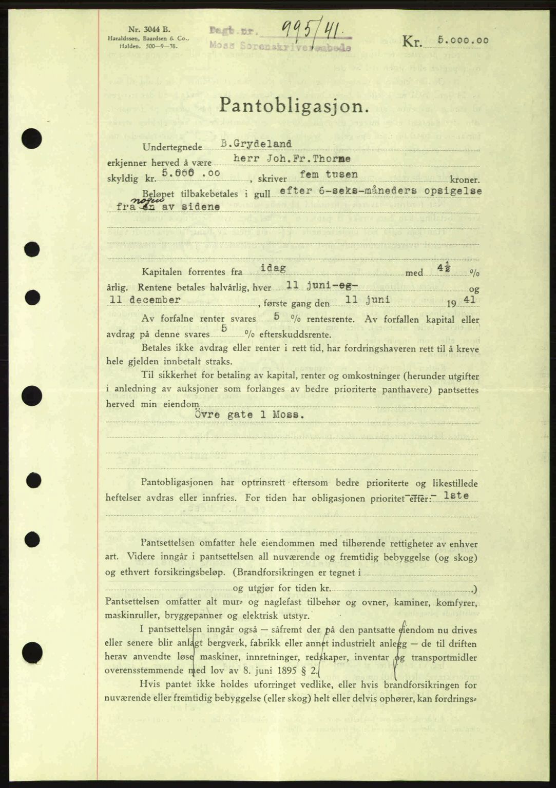 Moss sorenskriveri, SAO/A-10168: Mortgage book no. B10, 1940-1941, Diary no: : 995/1941