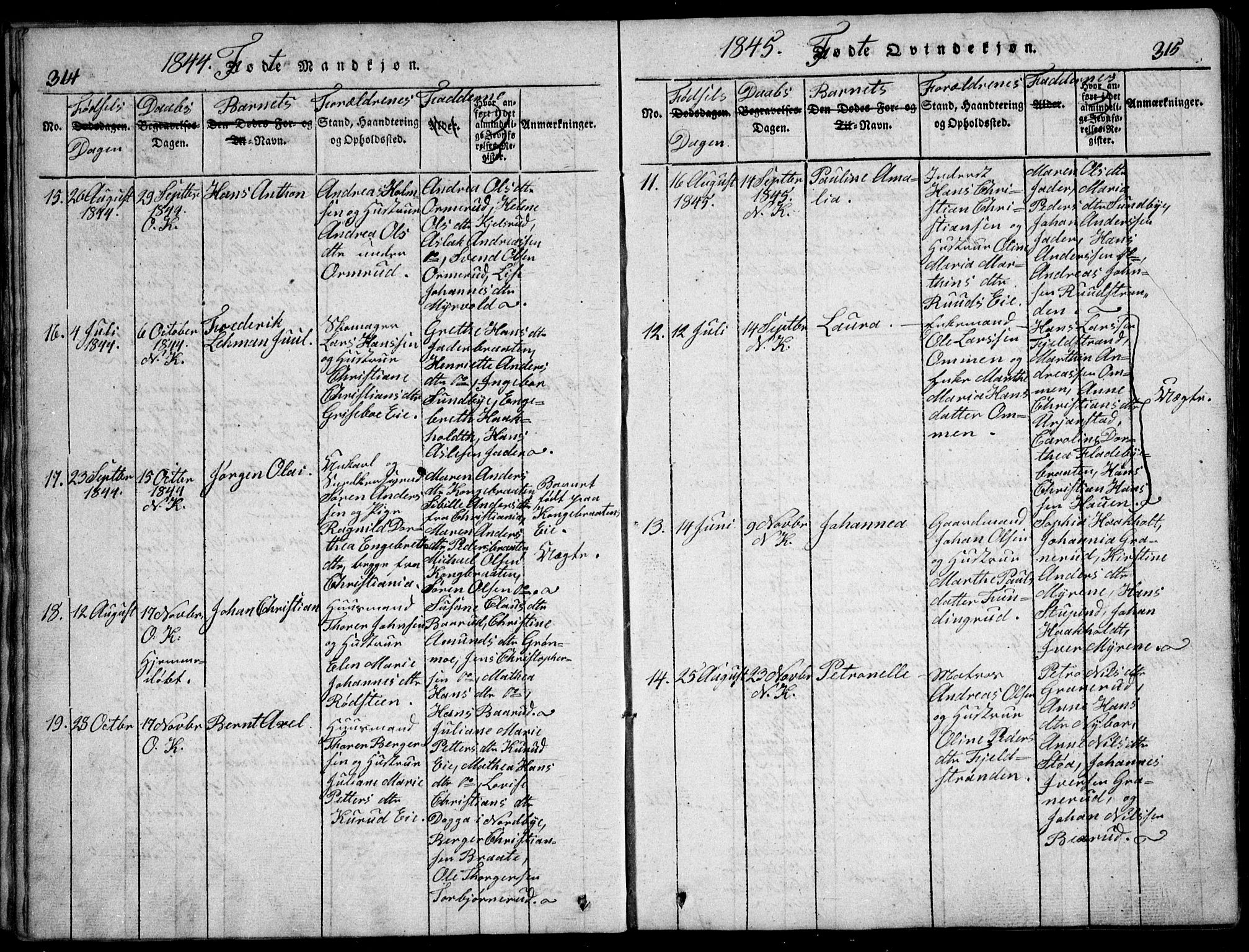 Nesodden prestekontor Kirkebøker, AV/SAO-A-10013/G/Ga/L0001: Parish register (copy) no. I 1, 1814-1847, p. 314-315