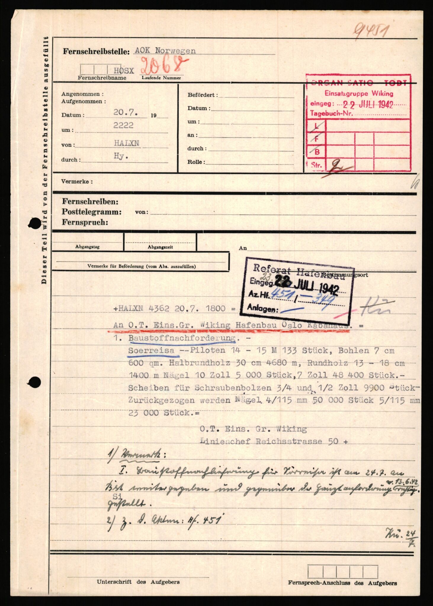 Tyske arkiver, Organisation Todt (OT), Einsatzgruppe Wiking, AV/RA-RAFA-2188/1/E/E6/E6c/L0007: Nachschub: Arkivkode 9451-9490, 1940-1945, p. 17