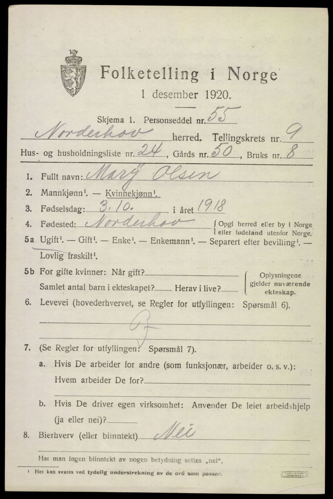 SAKO, 1920 census for Norderhov, 1920, p. 11301