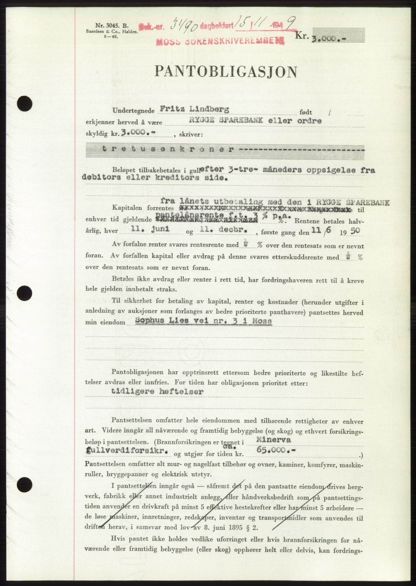 Moss sorenskriveri, SAO/A-10168: Mortgage book no. B23, 1949-1950, Diary no: : 3490/1949