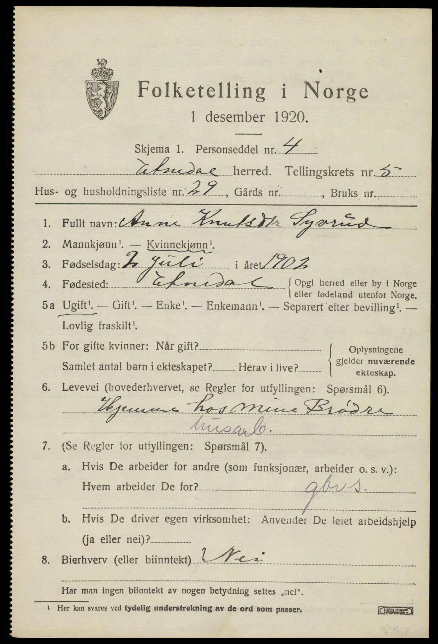 SAH, 1920 census for Etnedal, 1920, p. 2234