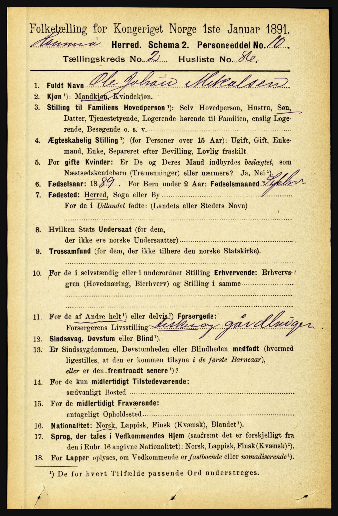 RA, 1891 census for 1849 Hamarøy, 1891, p. 1139