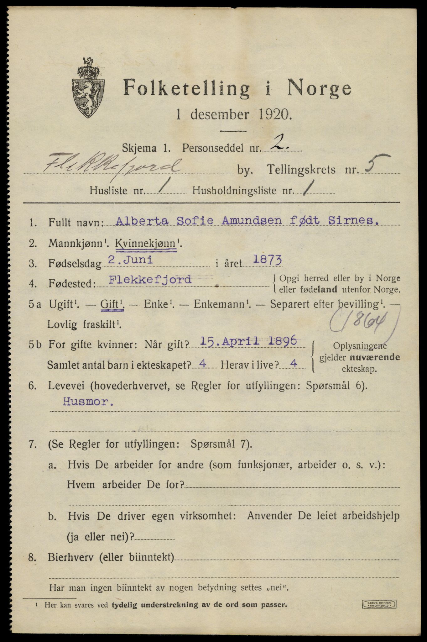 SAK, 1920 census for Flekkefjord, 1920, p. 5138