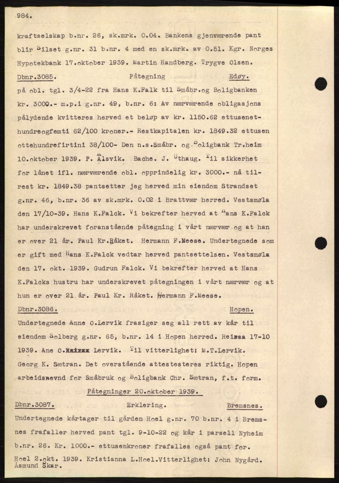 Nordmøre sorenskriveri, AV/SAT-A-4132/1/2/2Ca: Mortgage book no. C80, 1936-1939, Diary no: : 3085/1939