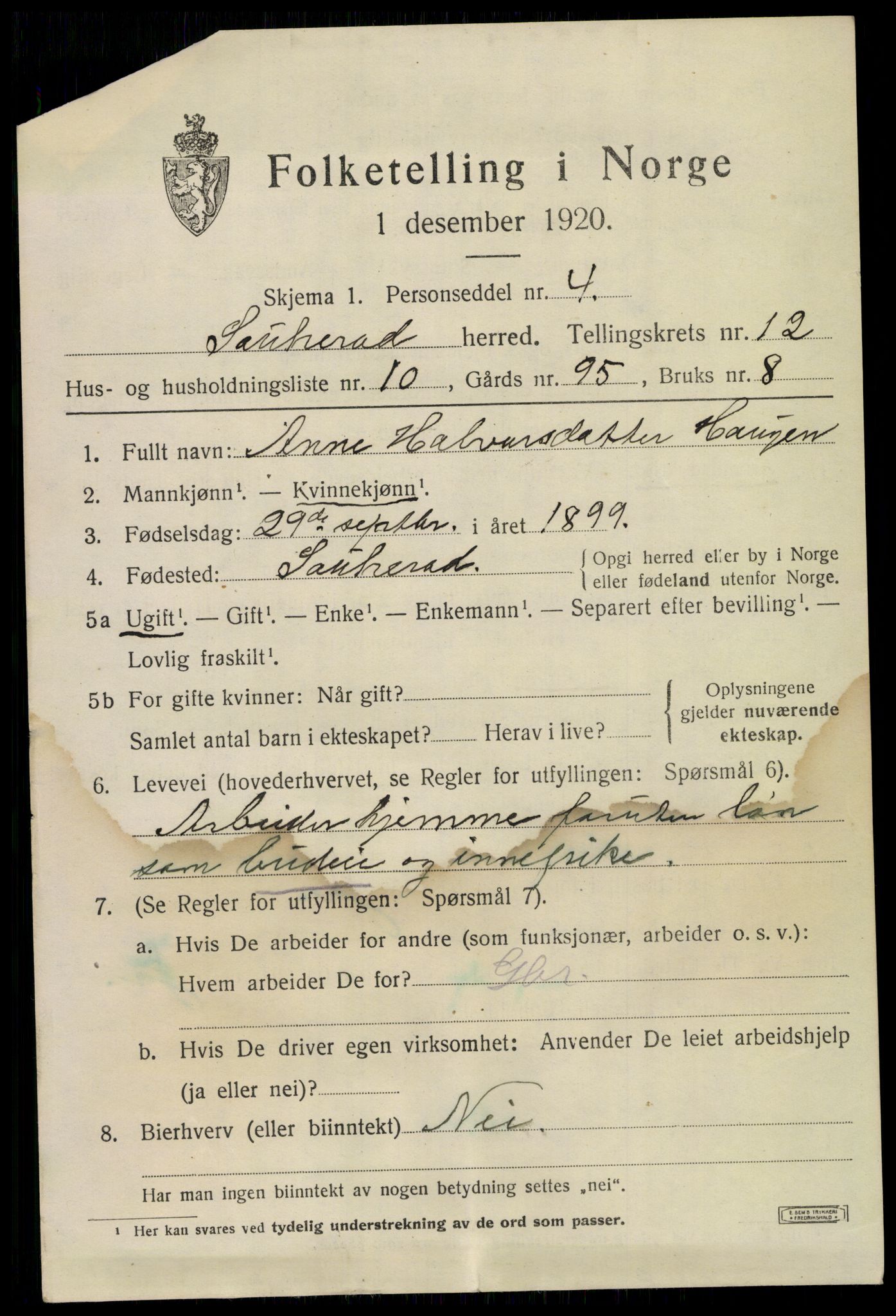 SAKO, 1920 census for Sauherad, 1920, p. 9176