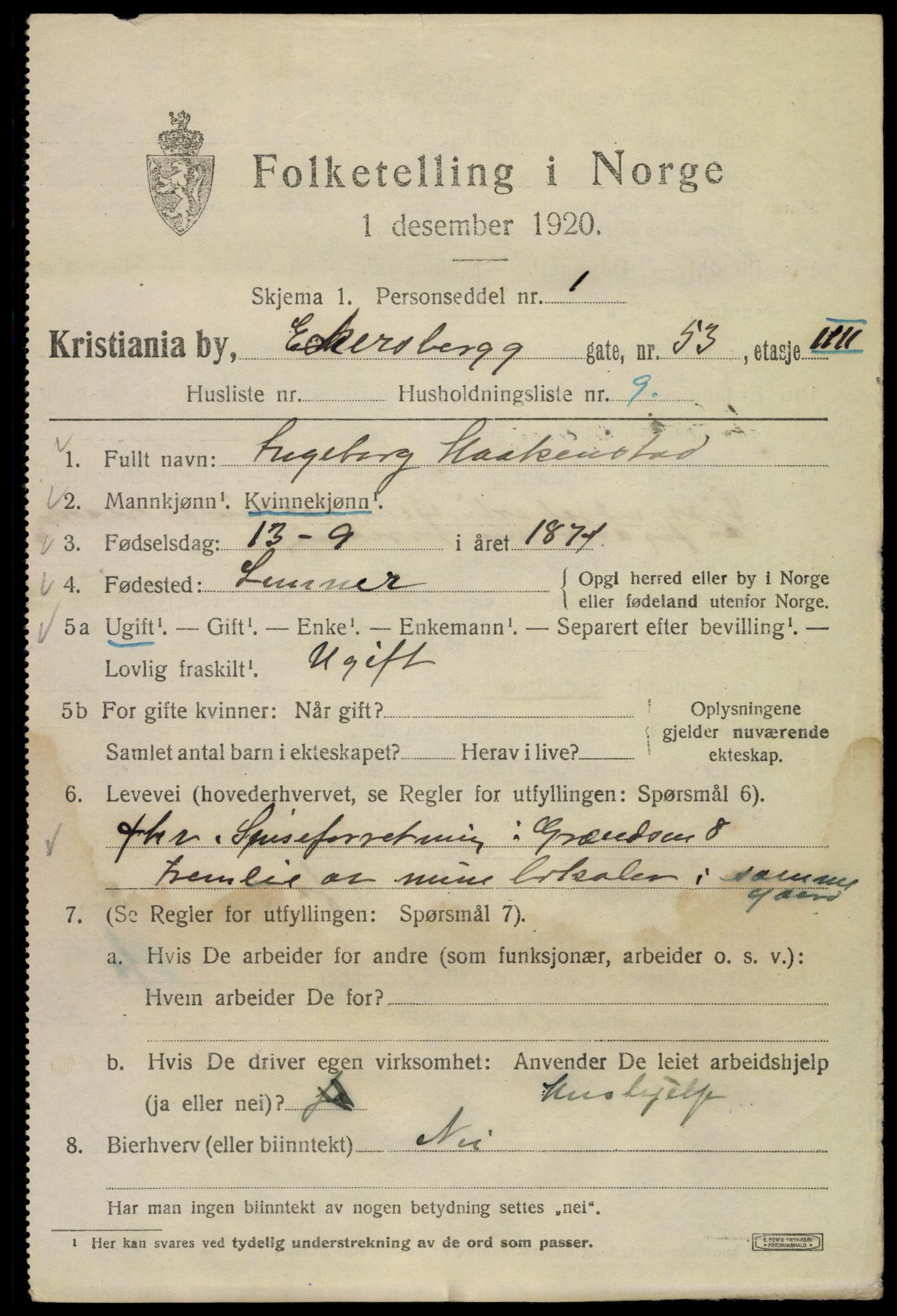 SAO, 1920 census for Kristiania, 1920, p. 209533