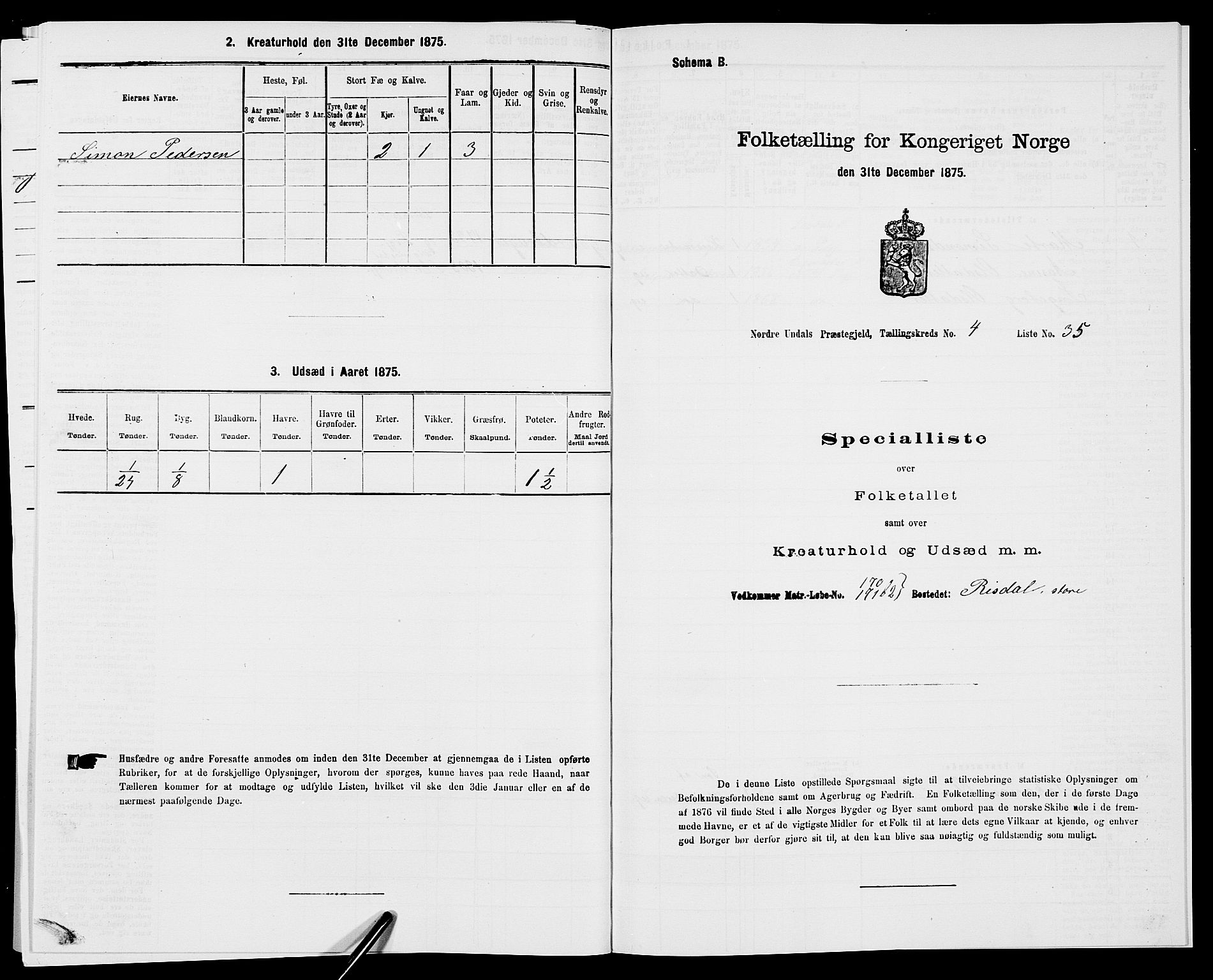 SAK, 1875 census for 1028P Nord-Audnedal, 1875, p. 433