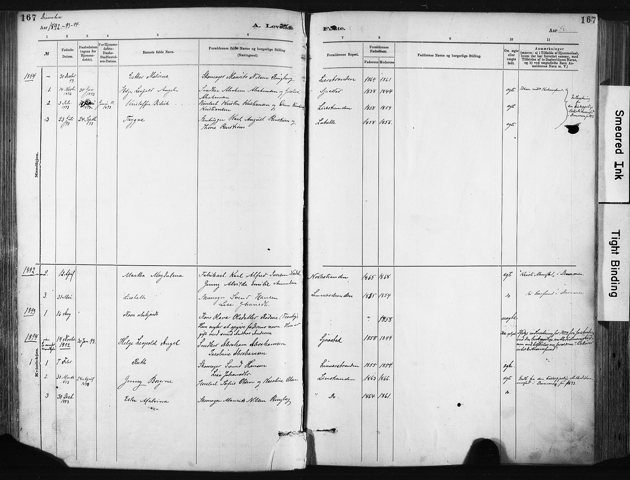 Lier kirkebøker, SAKO/A-230/F/Fa/L0015: Parish register (official) no. I 15, 1883-1894, p. 167