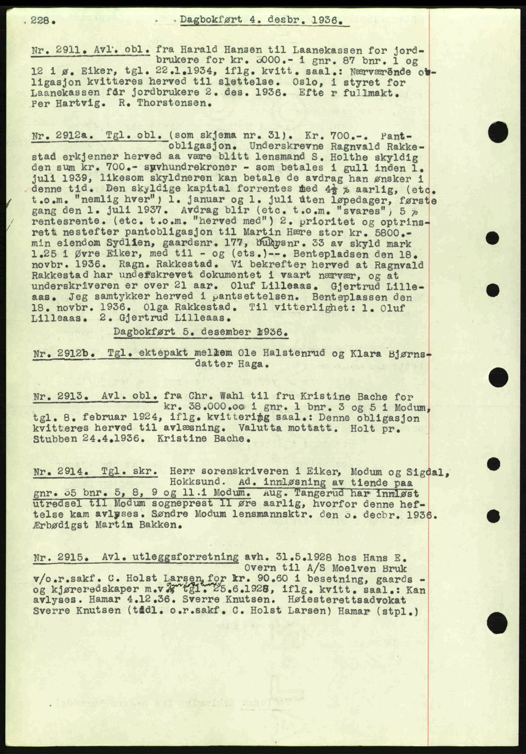 Eiker, Modum og Sigdal sorenskriveri, SAKO/A-123/G/Ga/Gab/L0034: Mortgage book no. A4, 1936-1937, Diary no: : 2911/1936