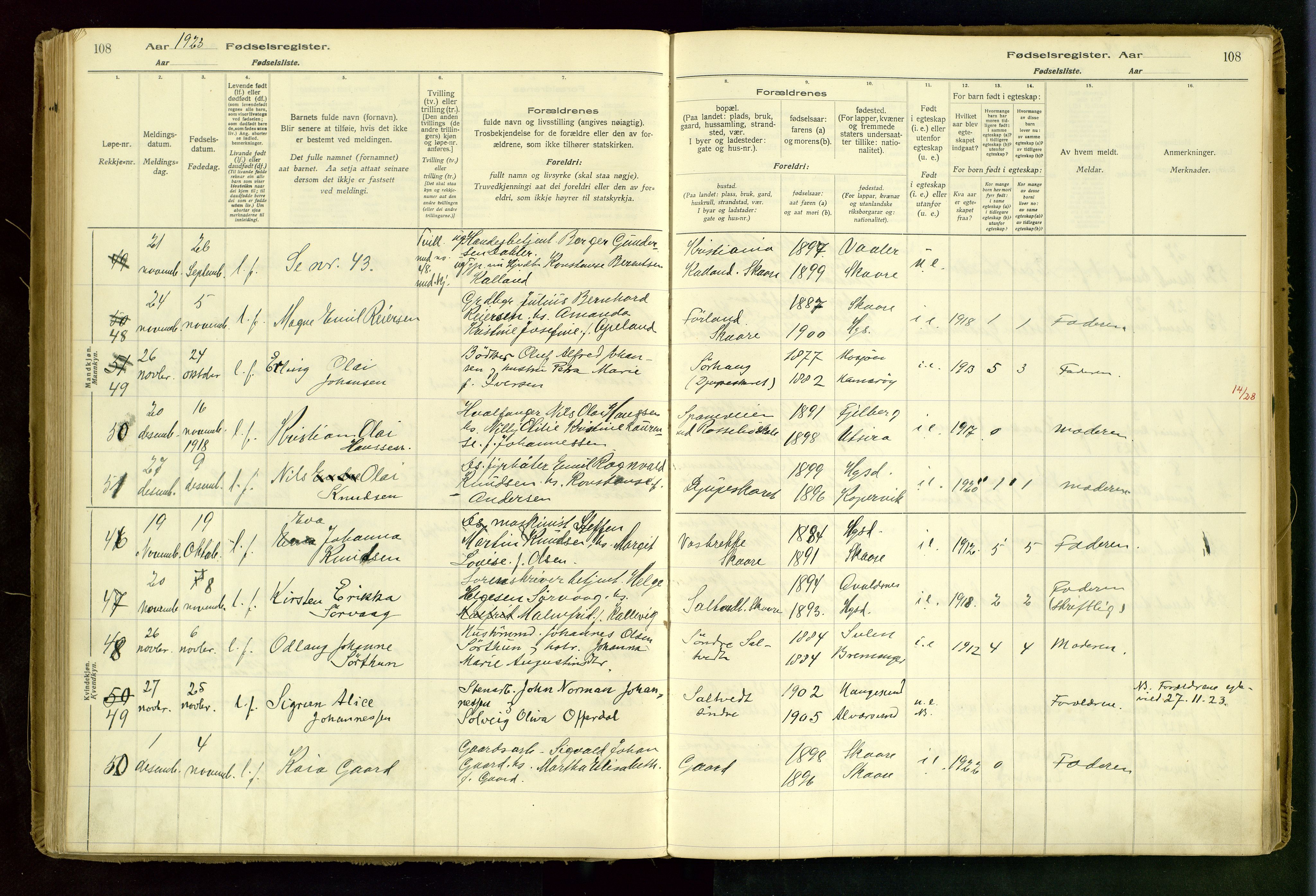 Haugesund sokneprestkontor, AV/SAST-A -101863/I/Id/L0001: Birth register no. 1, 1916-1935, p. 108