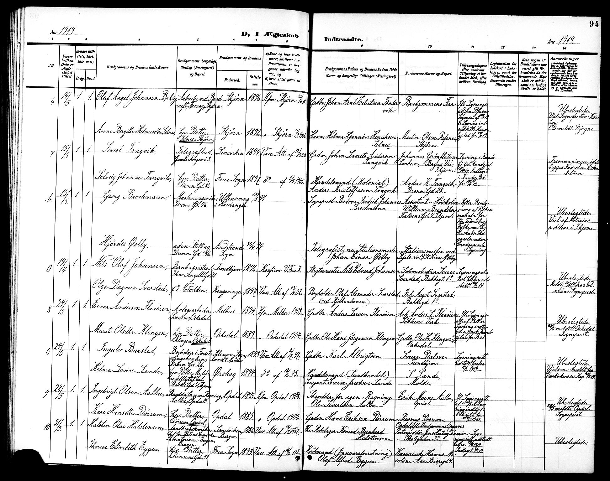 Ministerialprotokoller, klokkerbøker og fødselsregistre - Sør-Trøndelag, SAT/A-1456/602/L0145: Parish register (copy) no. 602C13, 1902-1919, p. 94