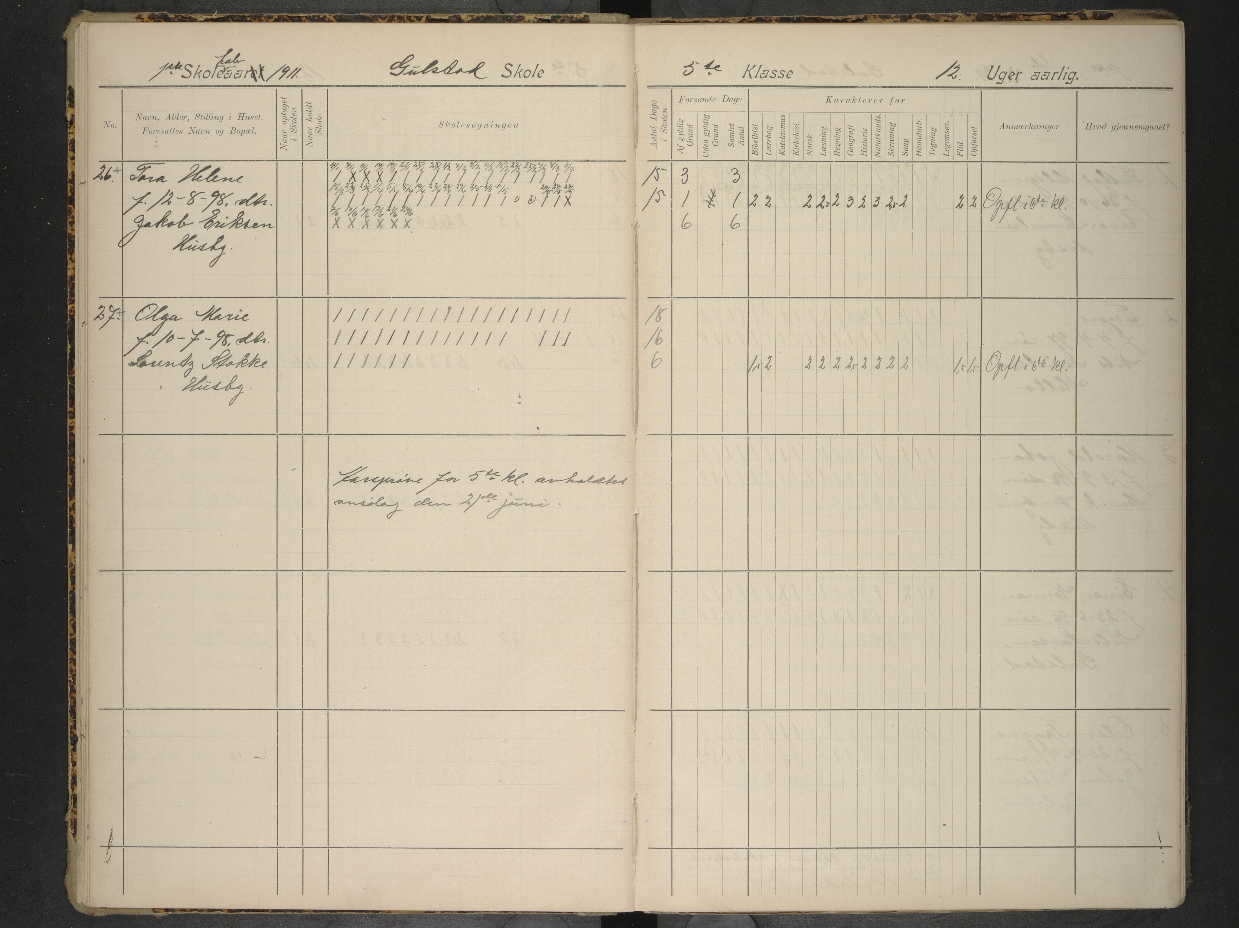 Hadsel kommune. Gulstad skolekrets, AIN/K-18660.510.28/F/Fa/L0002: Skoleprotokoll for Gulstad skole, 1911-1917