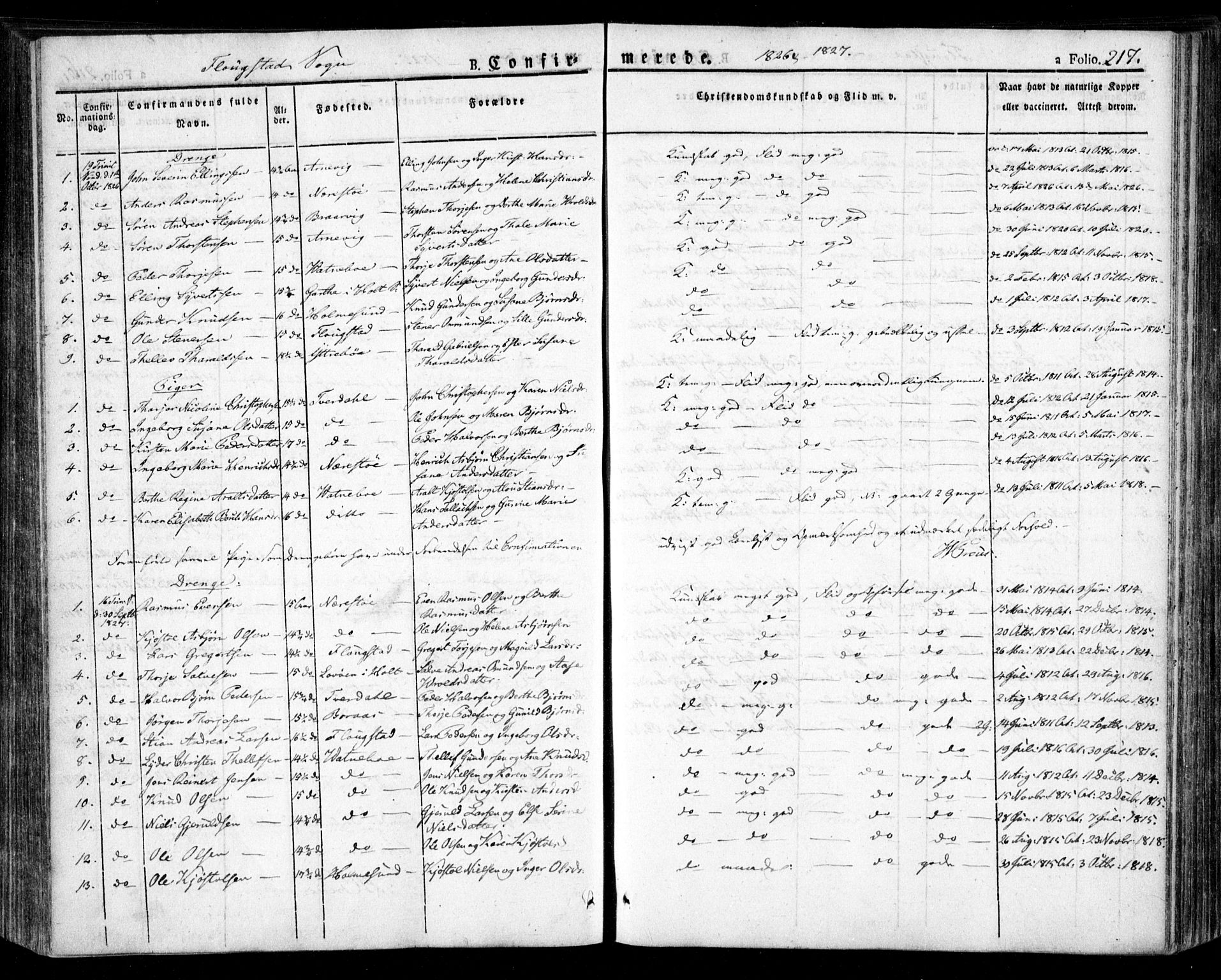 Dypvåg sokneprestkontor, SAK/1111-0007/F/Fa/Faa/L0004: Parish register (official) no. A 4, 1824-1840, p. 217