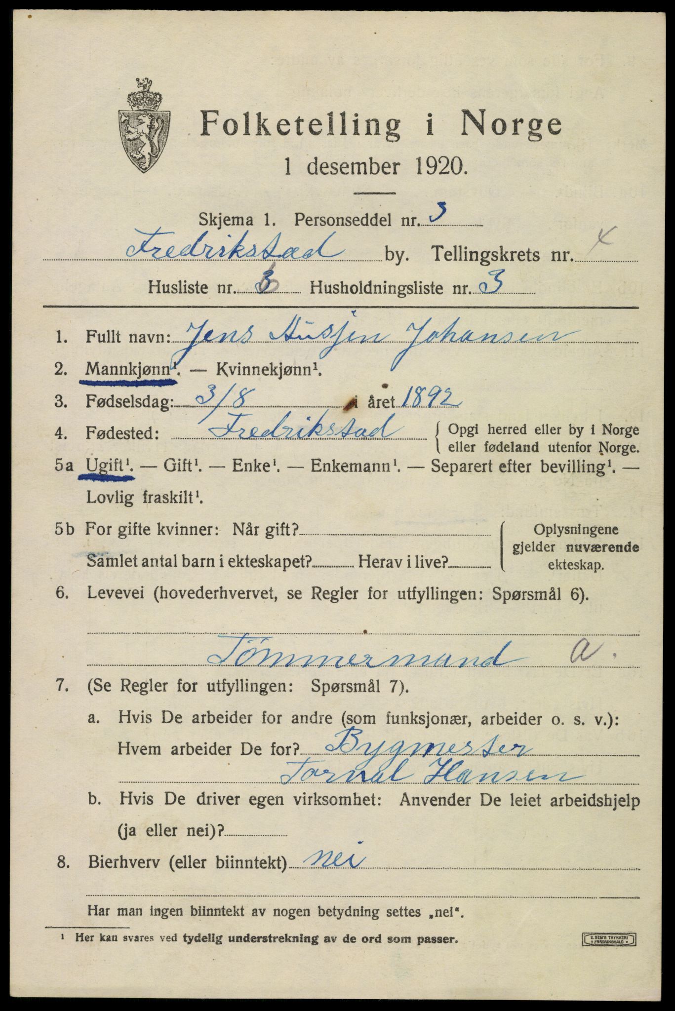 SAO, 1920 census for Fredrikstad, 1920, p. 17033