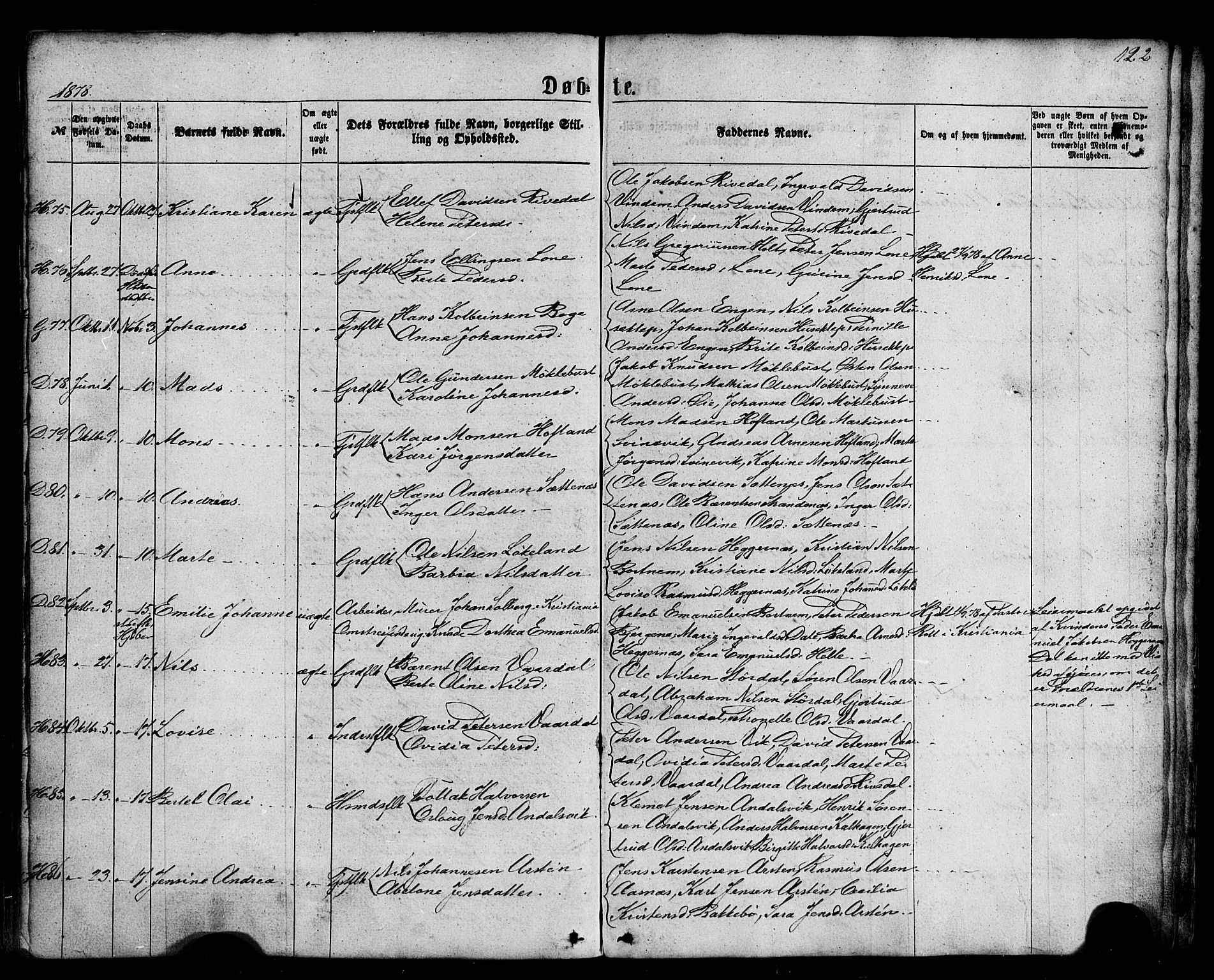 Fjaler sokneprestembete, AV/SAB-A-79801/H/Haa/Haaa/L0007: Parish register (official) no. A 7, 1862-1881, p. 122