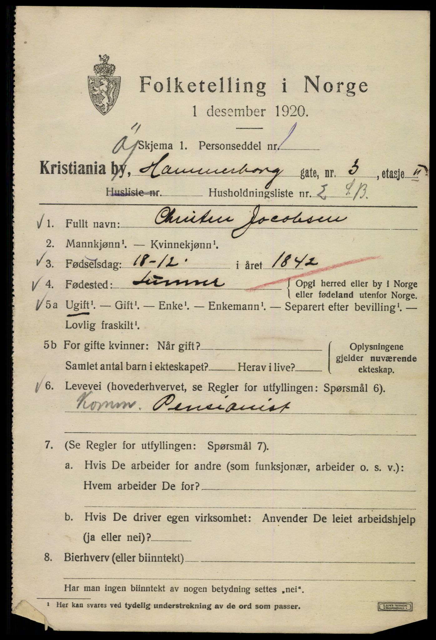 SAO, 1920 census for Kristiania, 1920, p. 657989