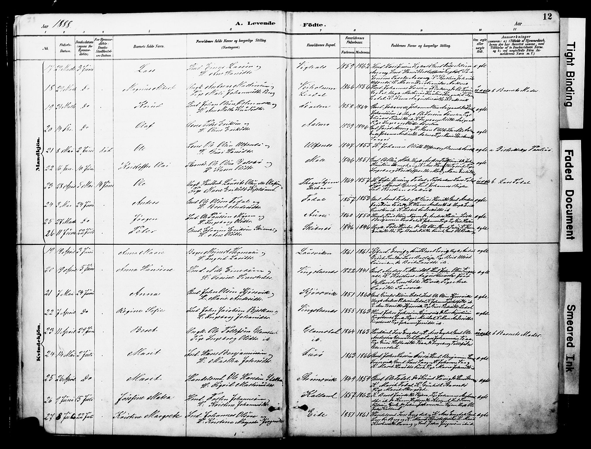 Ministerialprotokoller, klokkerbøker og fødselsregistre - Møre og Romsdal, AV/SAT-A-1454/578/L0907: Parish register (official) no. 578A06, 1887-1904, p. 12